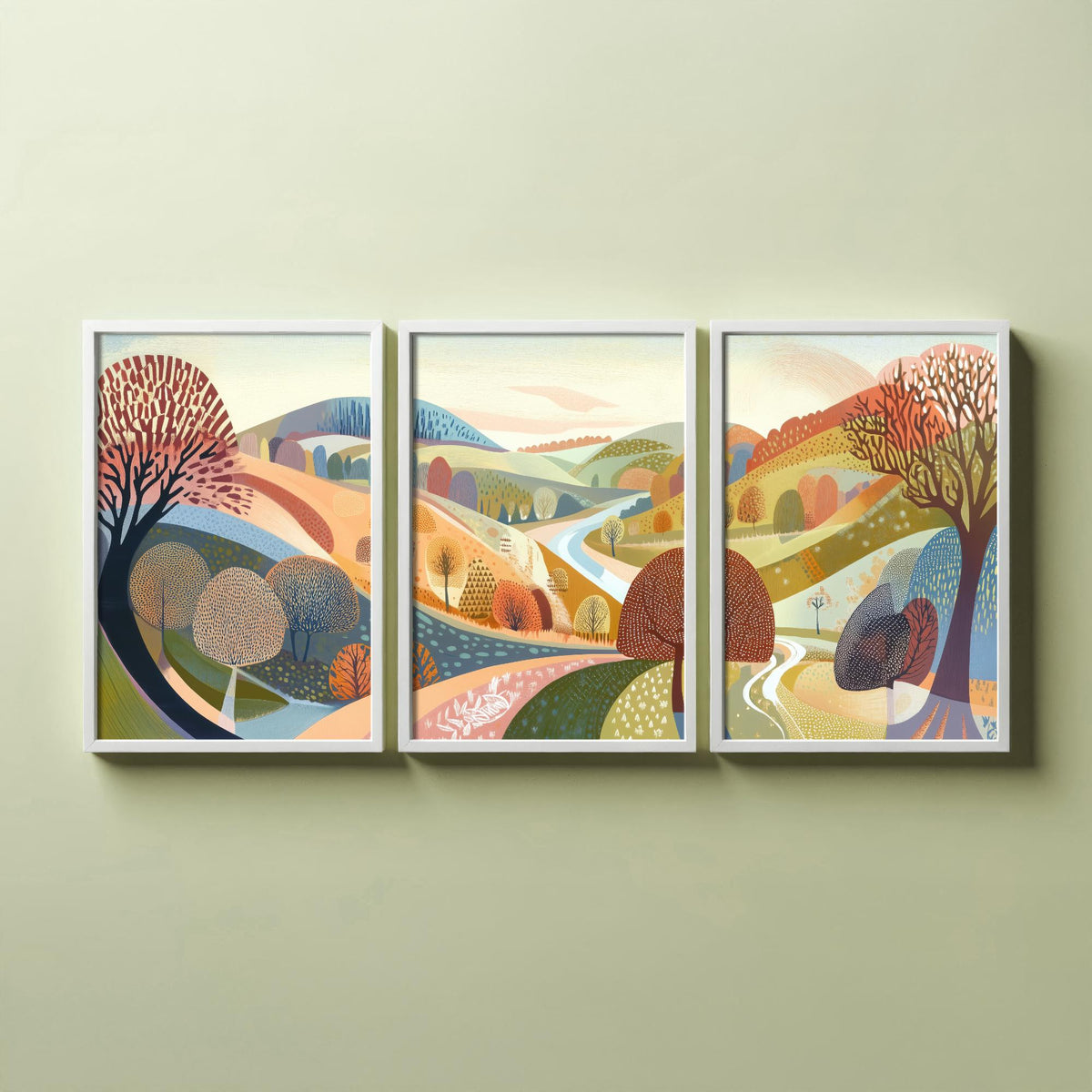 Graphic Landscape Set of Three Art Prints - 3 Autumn Valley Posters - Folk Art River Painting Wall Art Gift Countryside V2