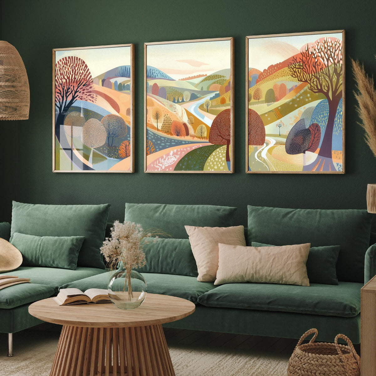 Graphic Landscape Set of Three Art Prints - 3 Autumn Valley Posters - Folk Art River Painting Wall Art Gift Countryside V2