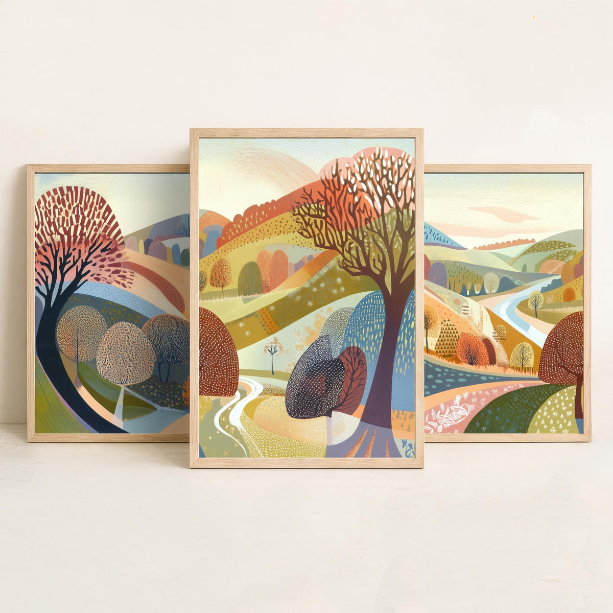 Graphic Landscape Set of Three Art Prints - 3 Autumn Valley Posters - Folk Art River Painting Wall Art Gift Countryside V2