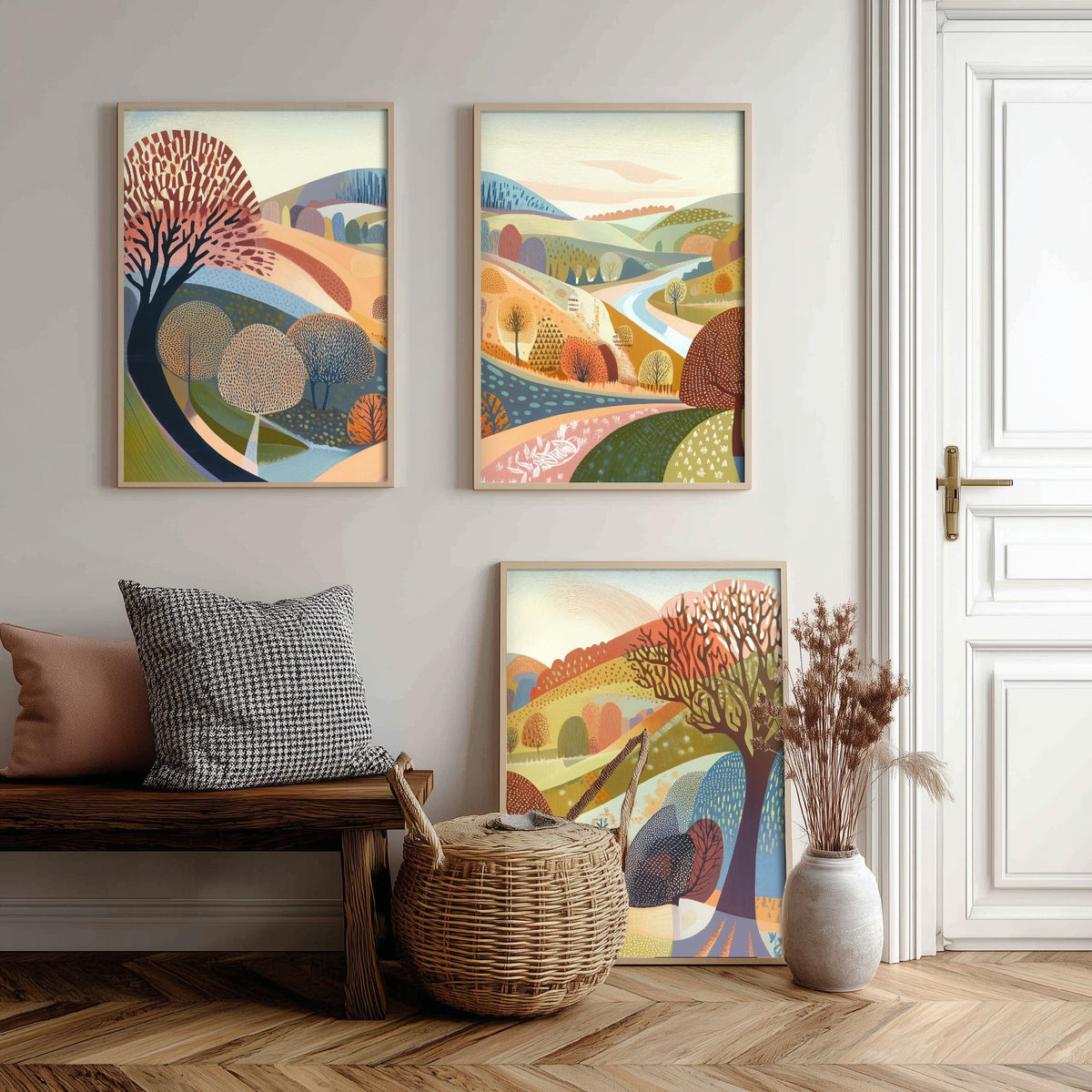Graphic Landscape Set of Three Art Prints - 3 Autumn Valley Posters - Folk Art River Painting Wall Art Gift Countryside V2