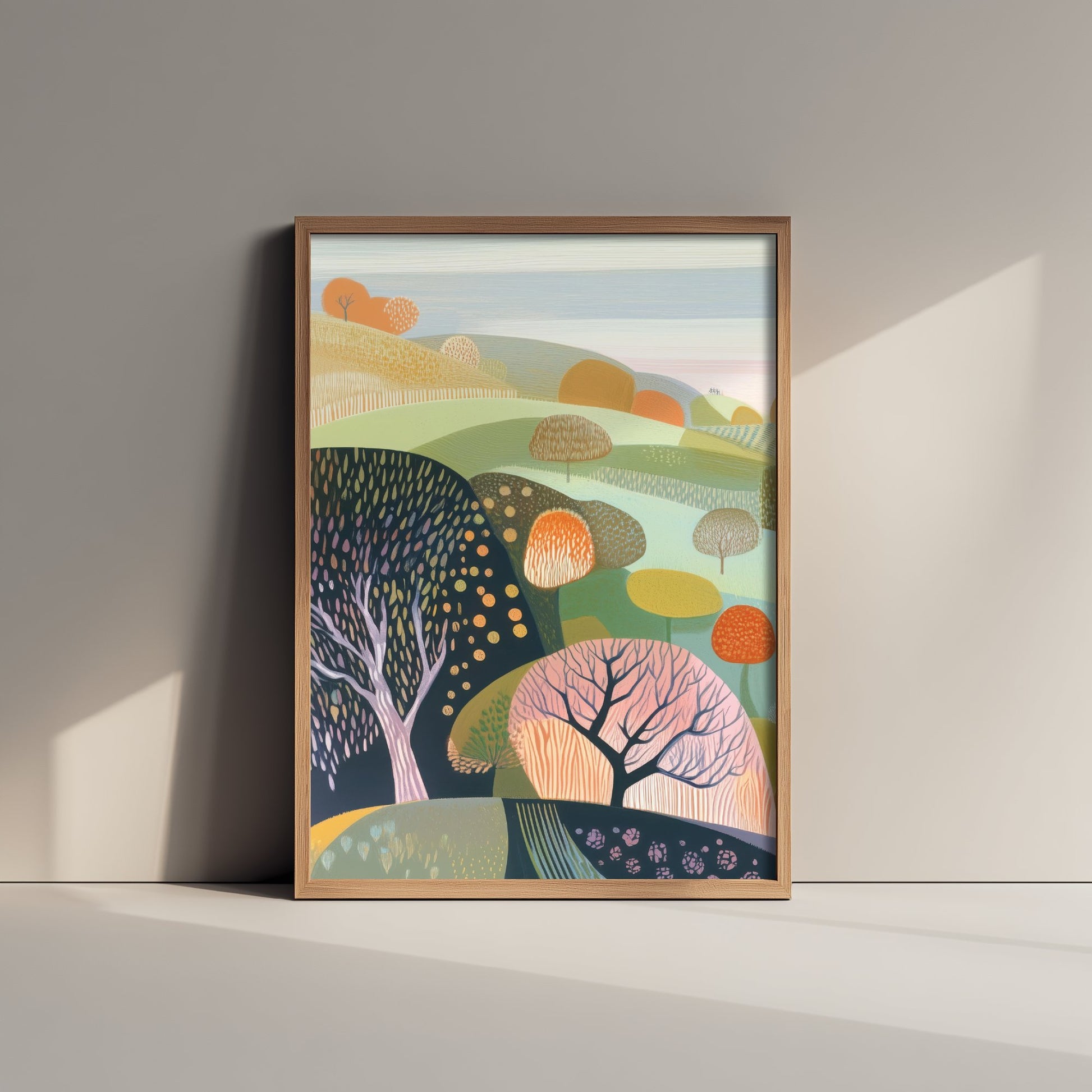 Graphic Landscape Art Print - Green Autumn Hills Poster - Folk Countryside Illustration - Orange Tree Valley V3 1/3