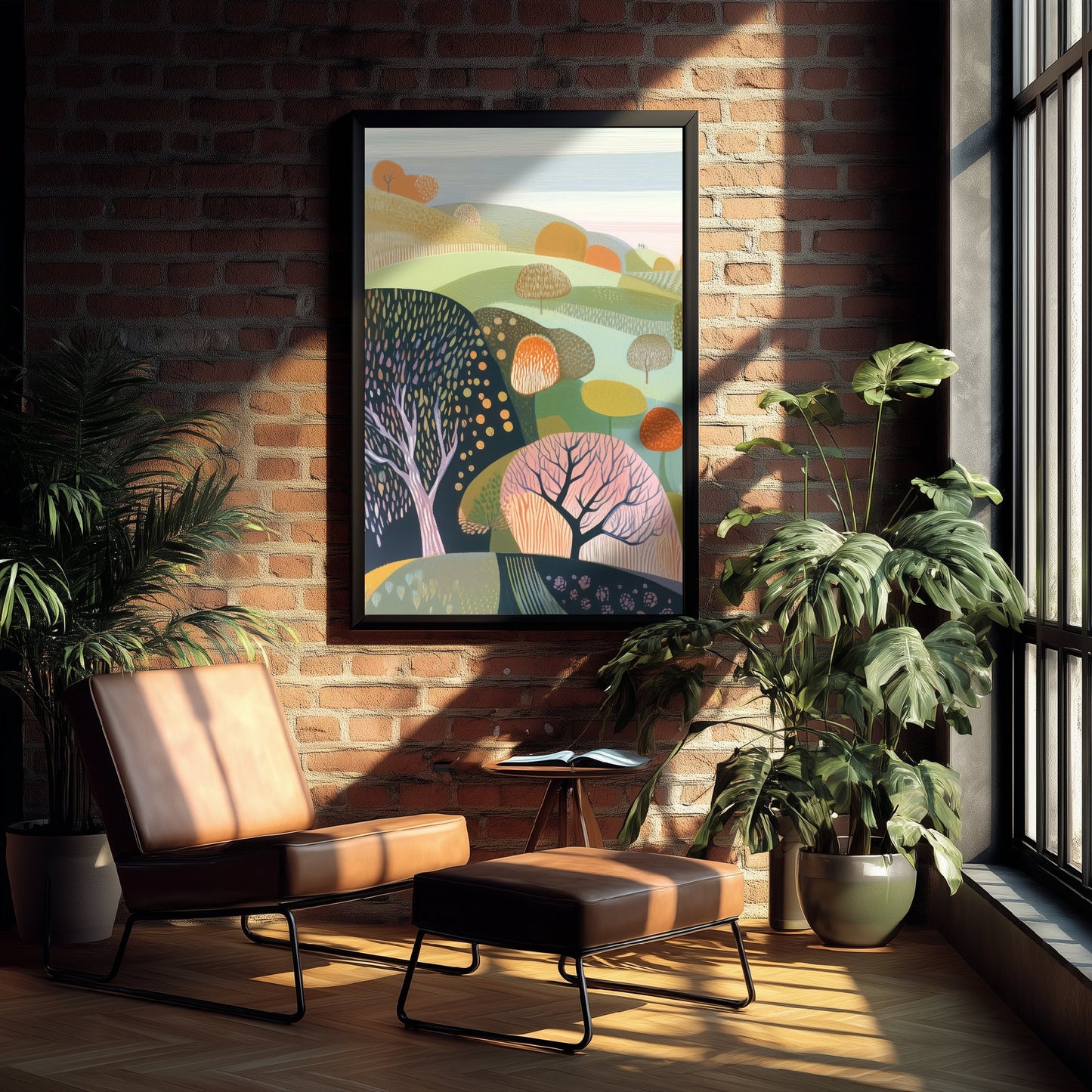 Graphic Landscape Art Print - Green Autumn Hills Poster - Folk Countryside Illustration - Orange Tree Valley V3 1/3