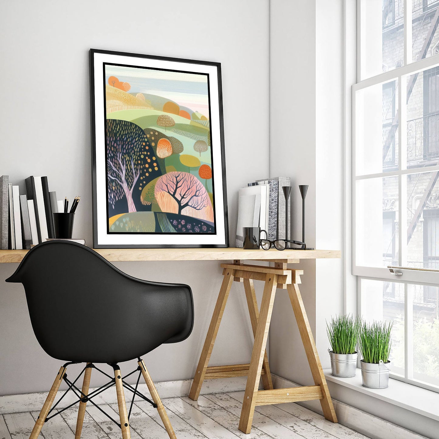 Graphic Landscape Art Print - Green Autumn Hills Poster - Folk Countryside Illustration - Orange Tree Valley V3 1/3