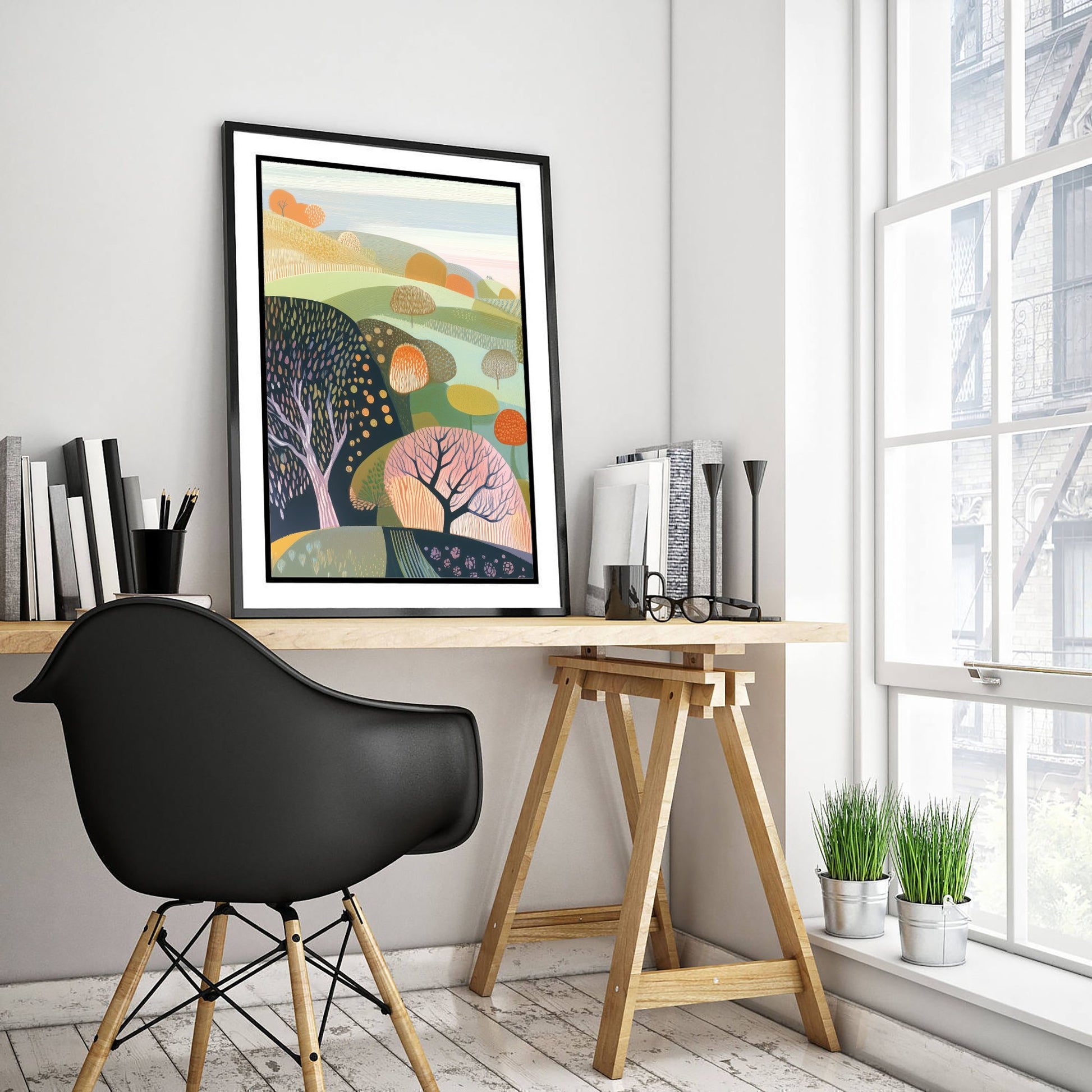 Graphic Landscape Art Print - Green Autumn Hills Poster - Folk Countryside Illustration - Orange Tree Valley V3 1/3