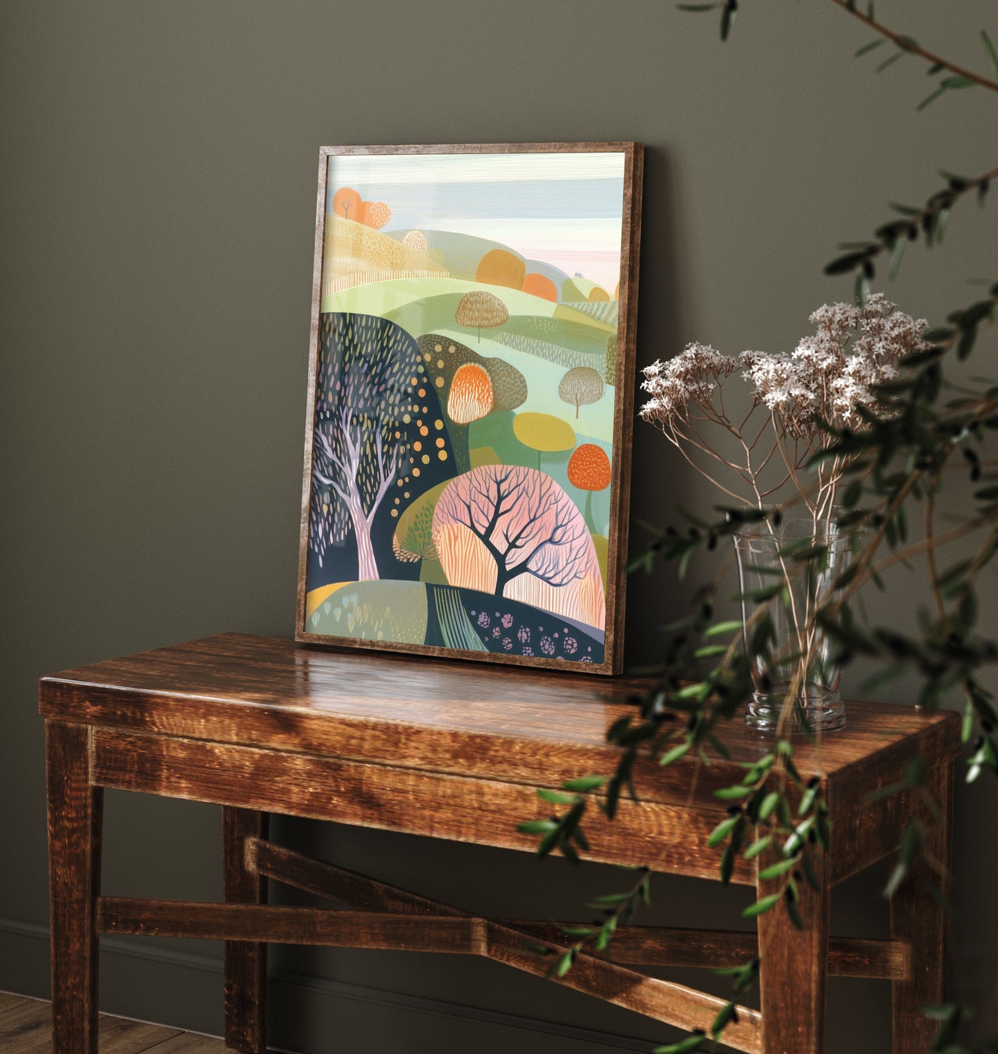 Graphic Landscape Art Print - Green Autumn Hills Poster - Folk Countryside Illustration - Orange Tree Valley V3 1/3