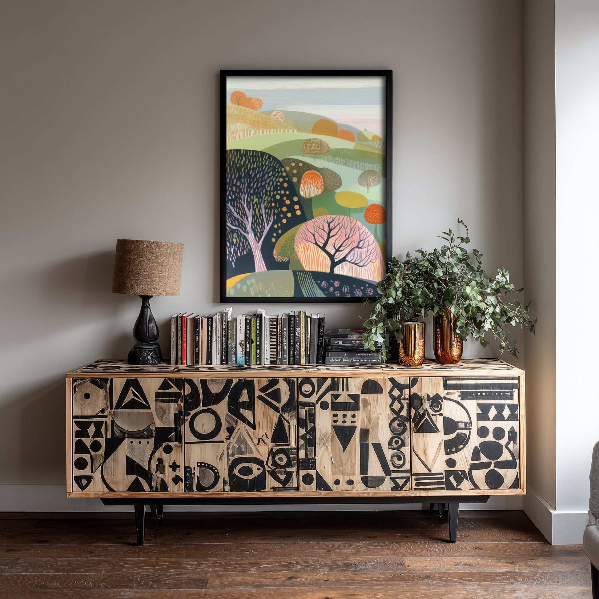 Graphic Landscape Art Print - Green Autumn Hills Poster - Folk Countryside Illustration - Orange Tree Valley V3 1/3