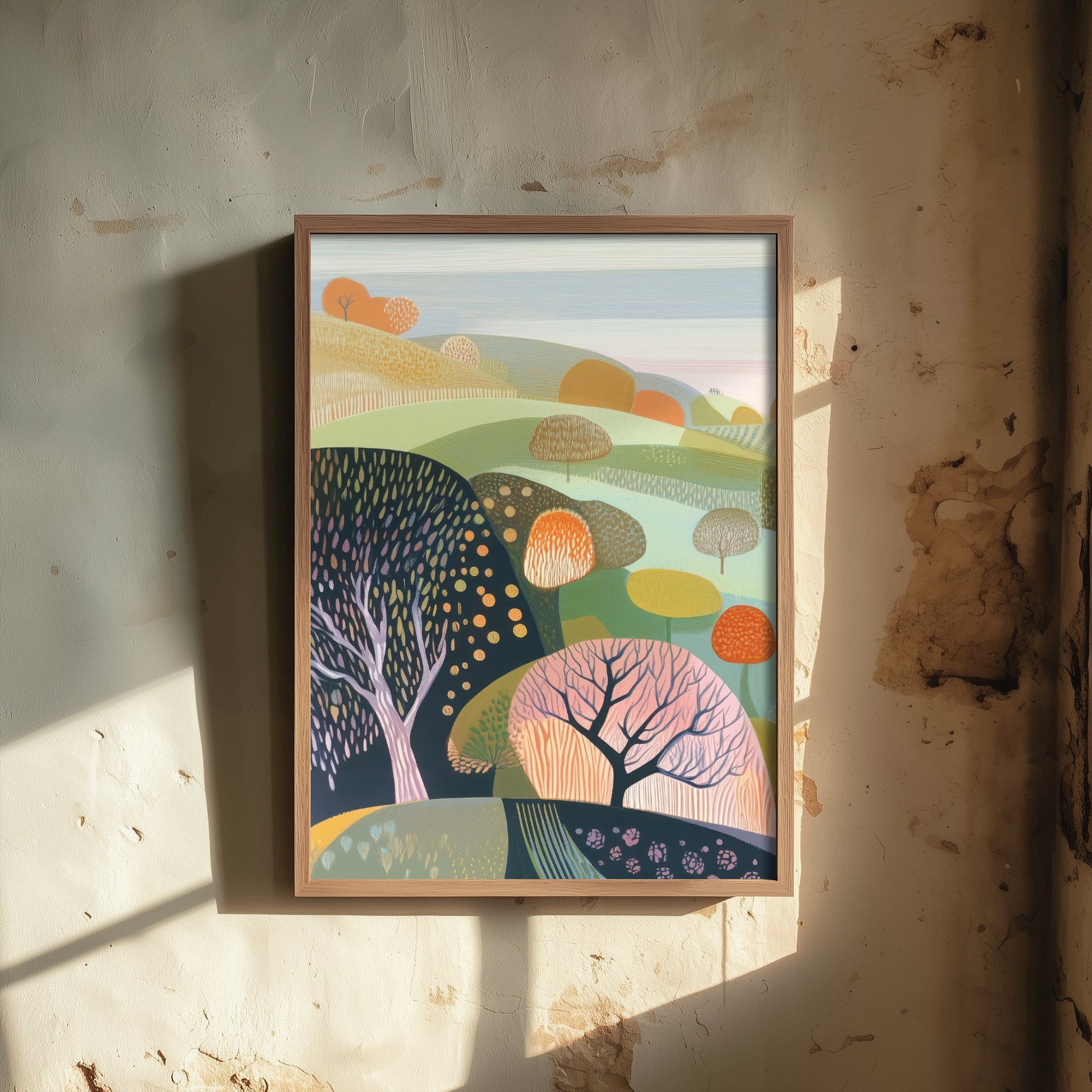Graphic Landscape Art Print - Green Autumn Hills Poster - Folk Countryside Illustration - Orange Tree Valley V3 1/3