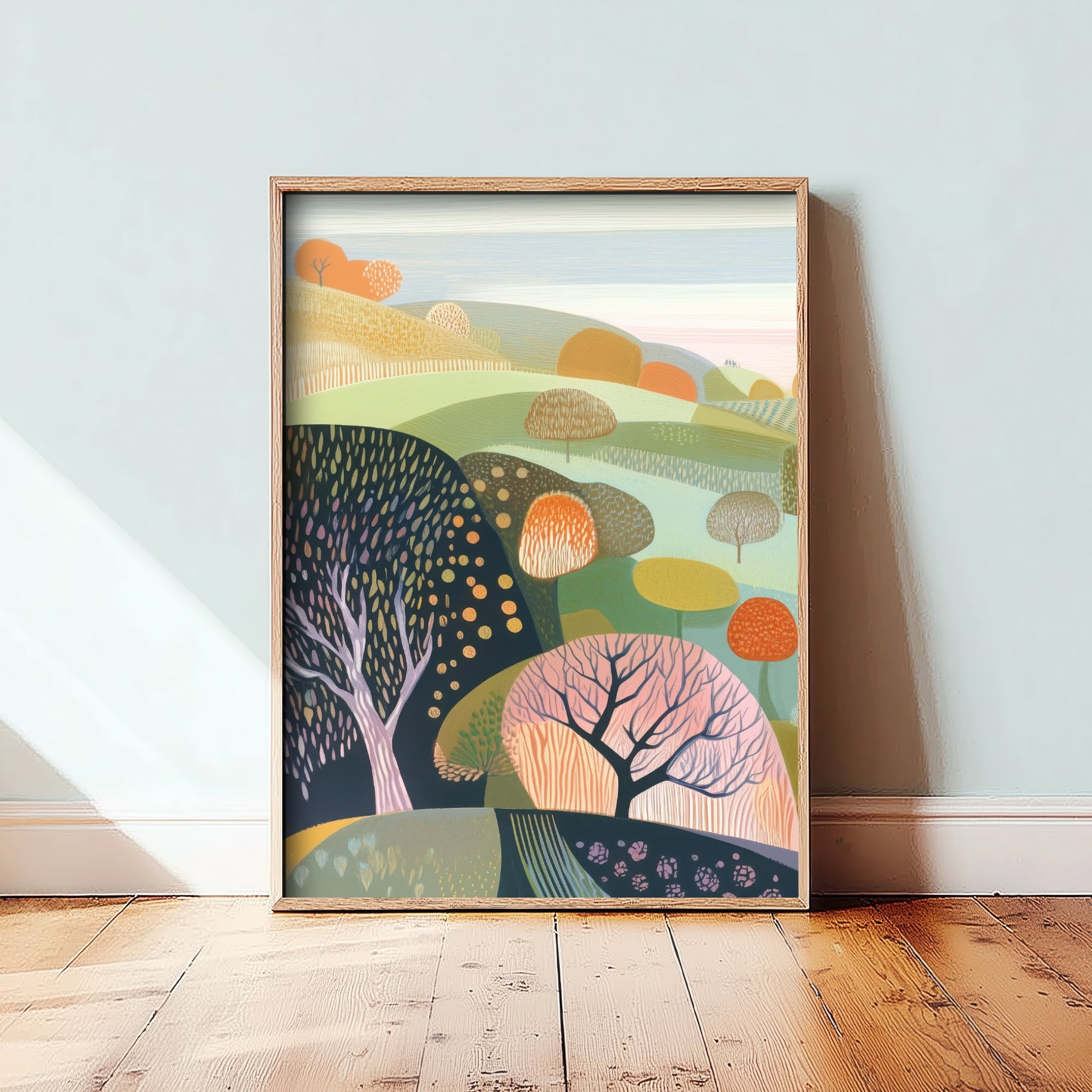 Graphic Landscape Art Print - Green Autumn Hills Poster - Folk Countryside Illustration - Orange Tree Valley V3 1/3
