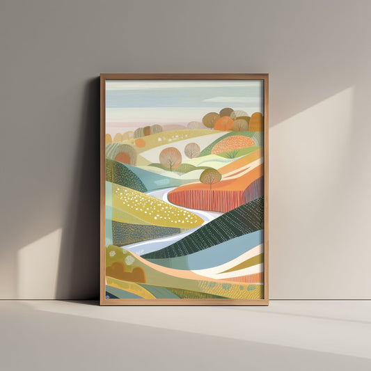Graphic Landscape Art Print - Green Autumn Hills Poster - Folk Countryside Illustration - Green Rolling Hills V3 2/3