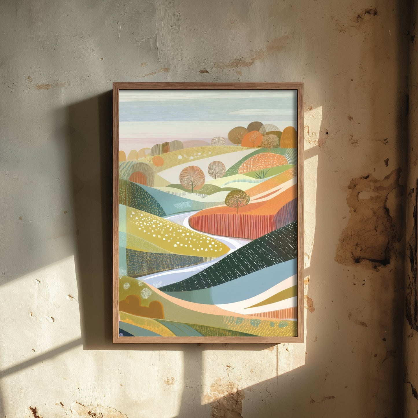 Graphic Landscape Art Print - Green Autumn Hills Poster - Folk Countryside Illustration - Green Rolling Hills V3 2/3