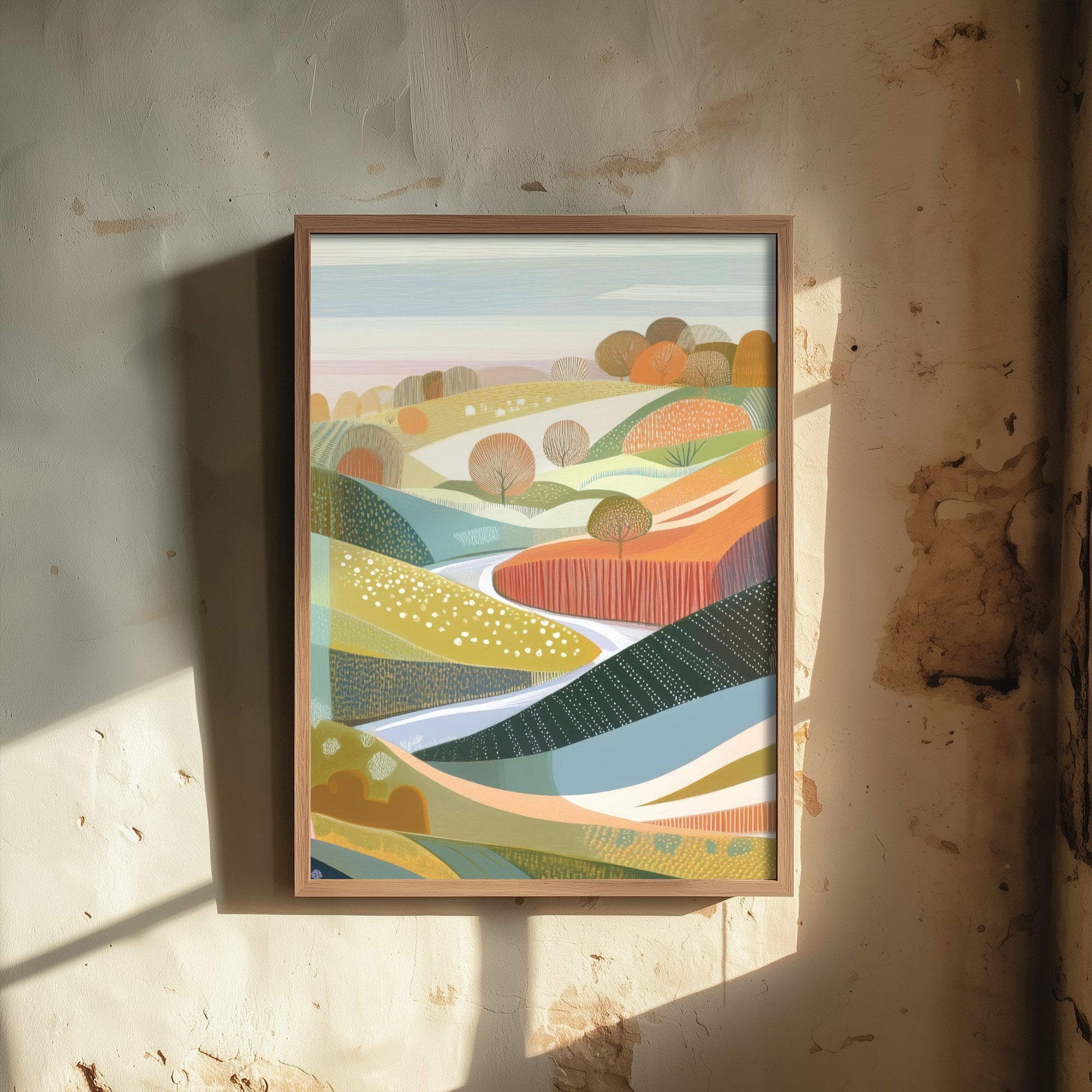 Graphic Landscape Art Print - Green Autumn Hills Poster - Folk Countryside Illustration - Green Rolling Hills V3 2/3