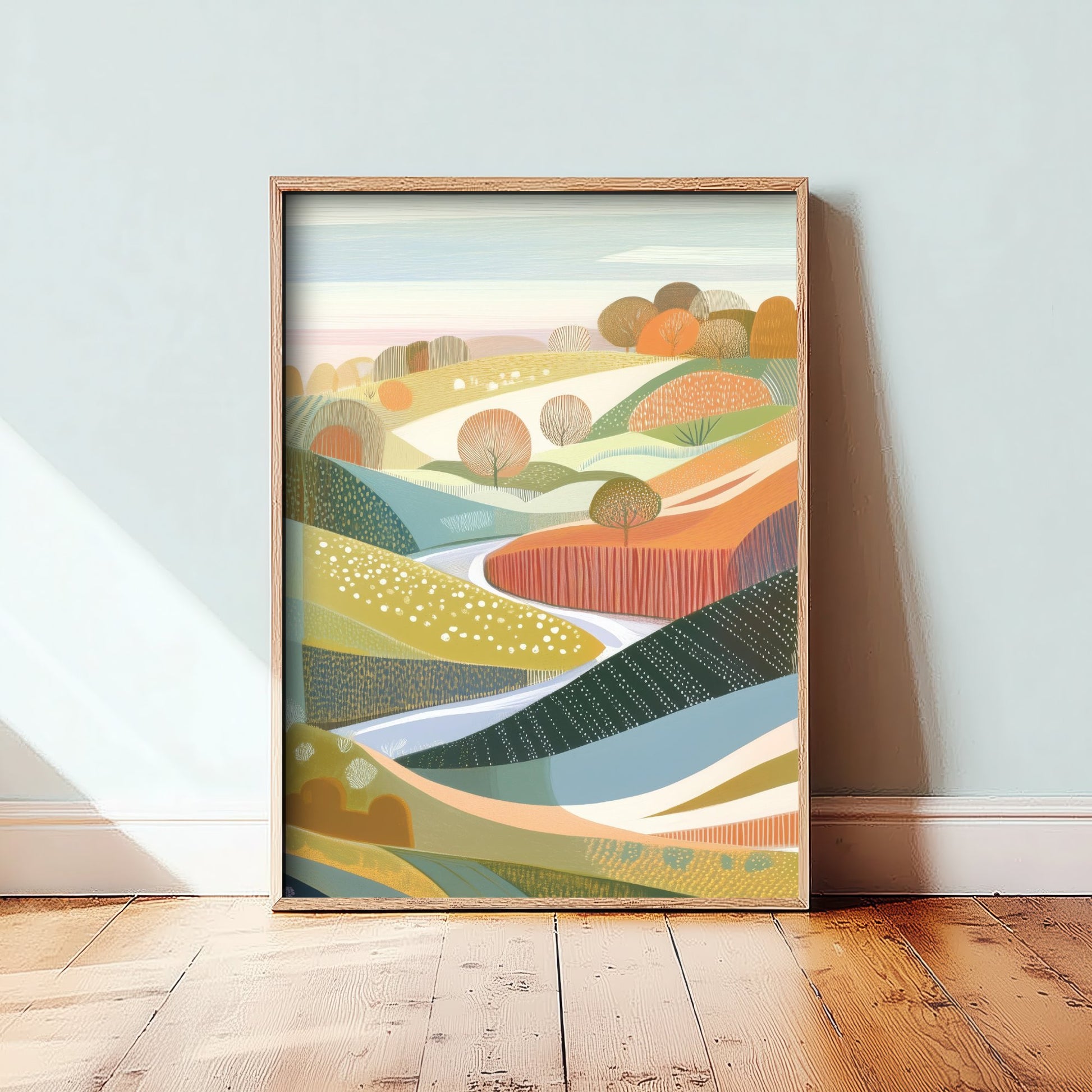 Graphic Landscape Art Print - Green Autumn Hills Poster - Folk Countryside Illustration - Green Rolling Hills V3 2/3