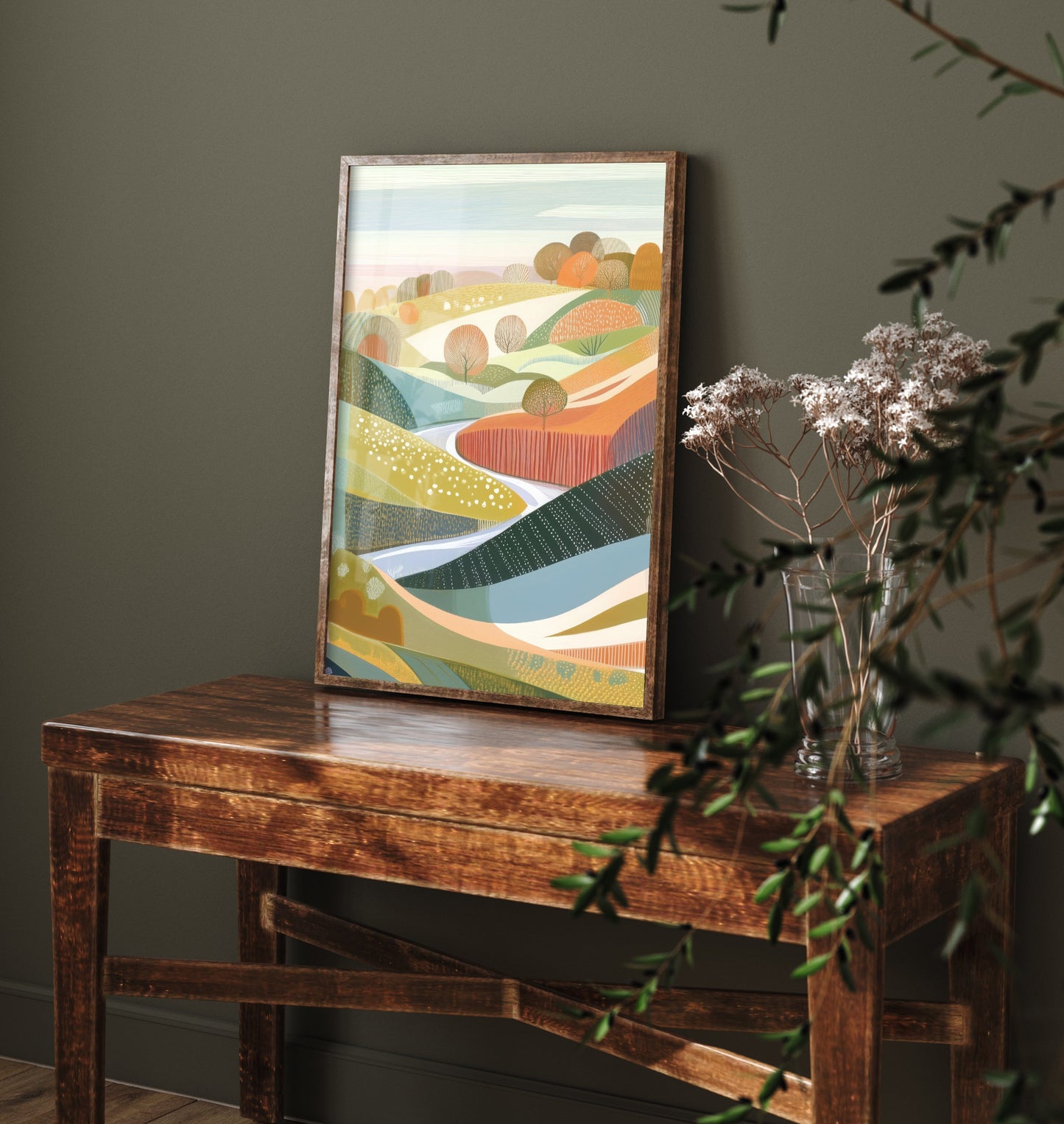 Graphic Landscape Art Print - Green Autumn Hills Poster - Folk Countryside Illustration - Green Rolling Hills V3 2/3