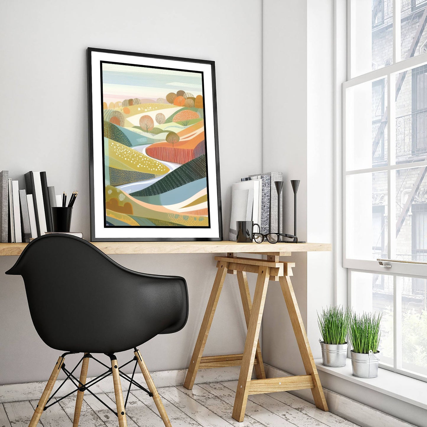 Graphic Landscape Art Print - Green Autumn Hills Poster - Folk Countryside Illustration - Green Rolling Hills V3 2/3