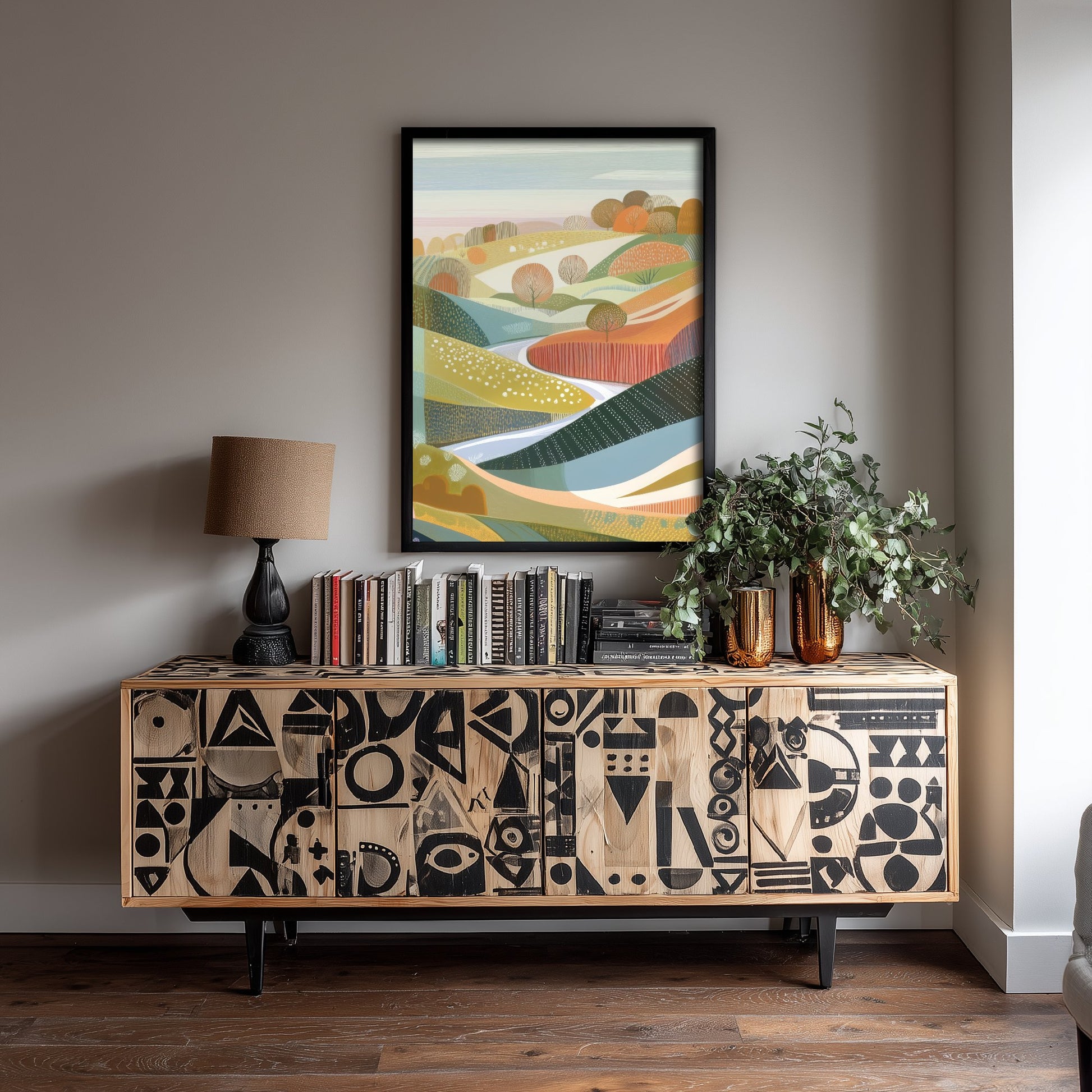 Graphic Landscape Art Print - Green Autumn Hills Poster - Folk Countryside Illustration - Green Rolling Hills V3 2/3