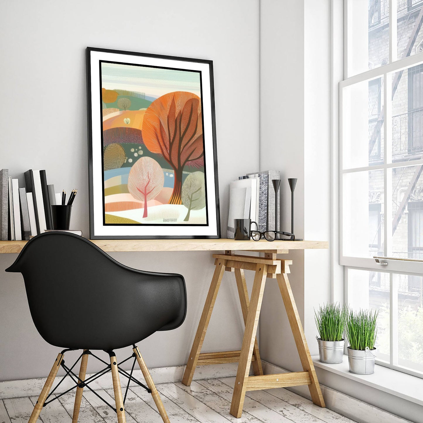 Graphic Landscape Art Print - Green Autumn Hills Poster - Folk Countryside Illustration - Autumn Woodland V3 3/3