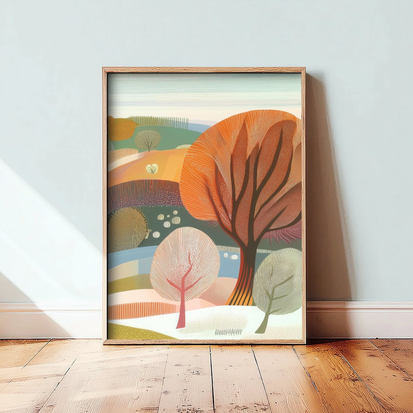 Graphic Landscape Art Print - Green Autumn Hills Poster - Folk Countryside Illustration - Autumn Woodland V3 3/3