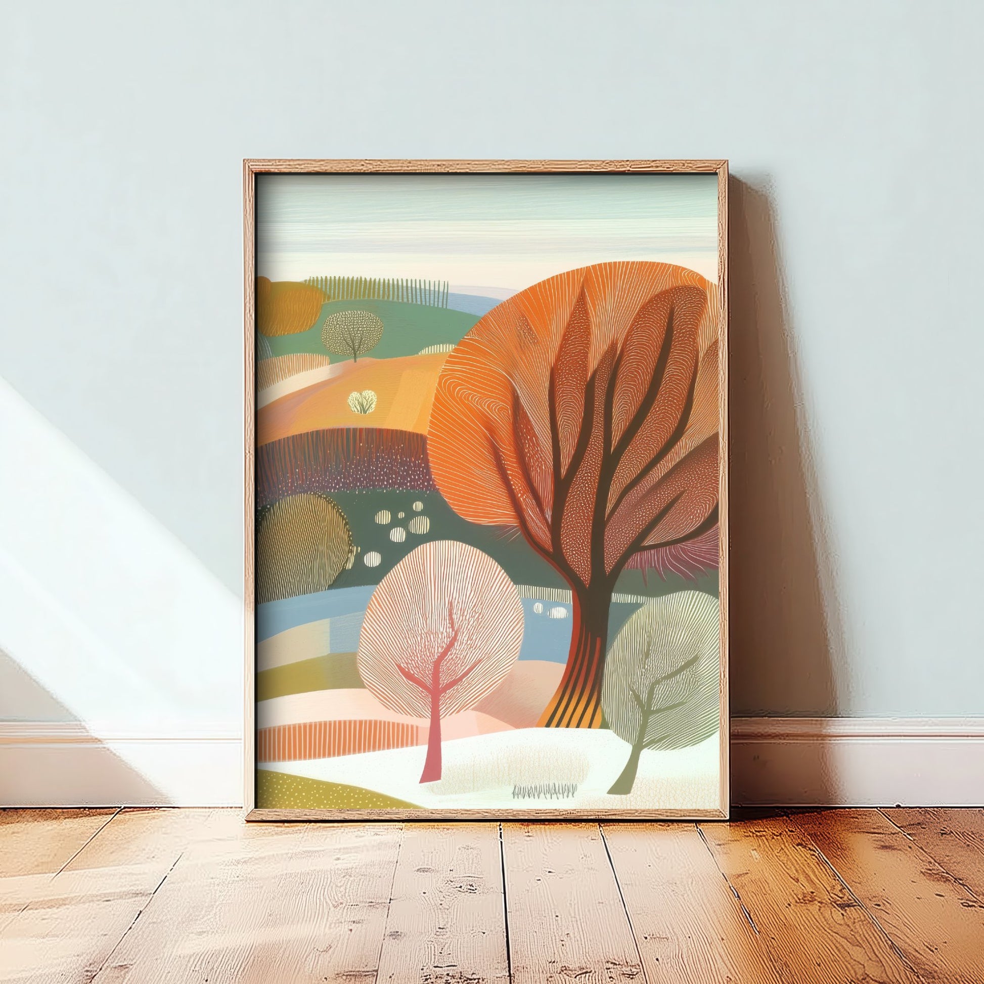 Graphic Landscape Art Print - Green Autumn Hills Poster - Folk Countryside Illustration - Autumn Woodland V3 3/3