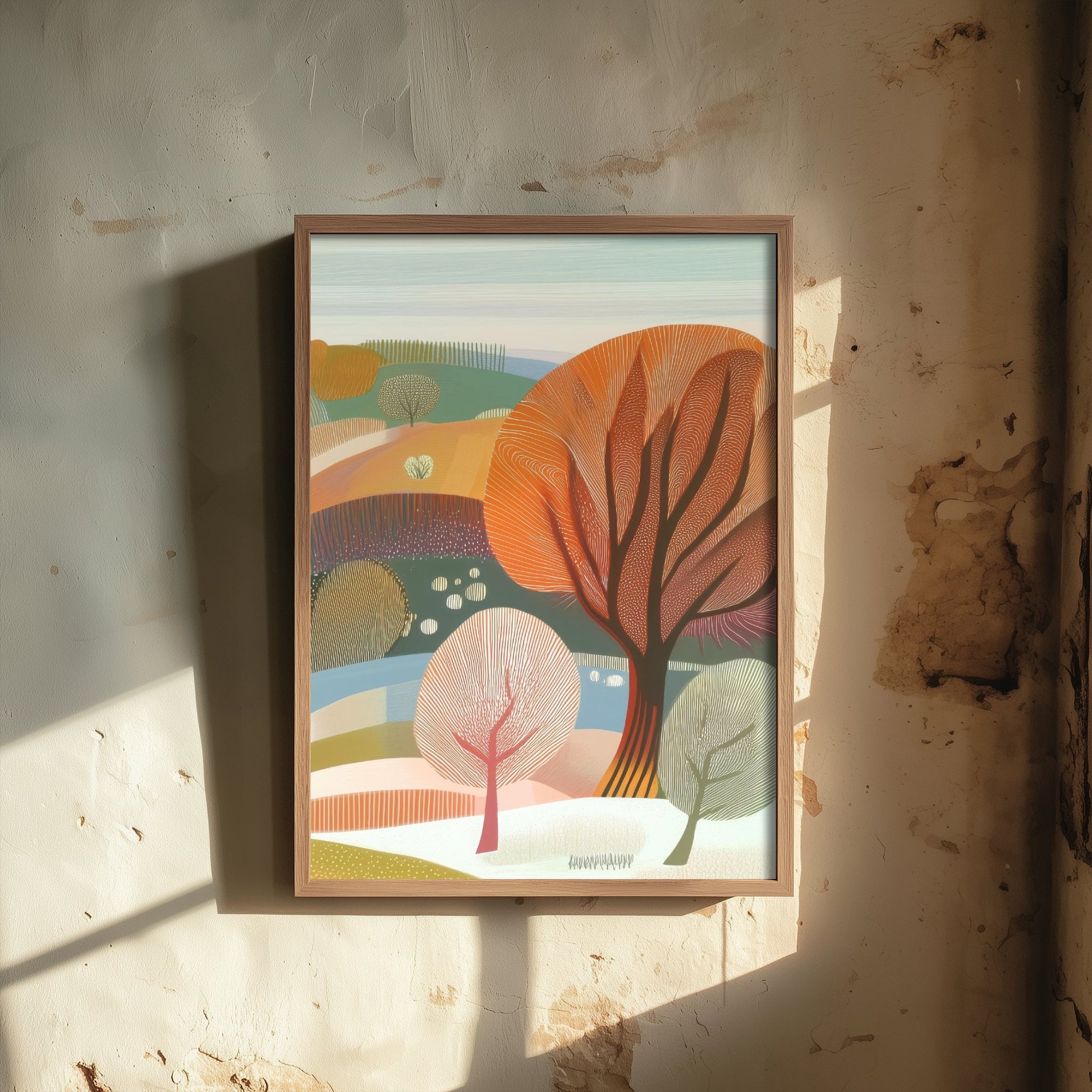 Graphic Landscape Art Print - Green Autumn Hills Poster - Folk Countryside Illustration - Autumn Woodland V3 3/3