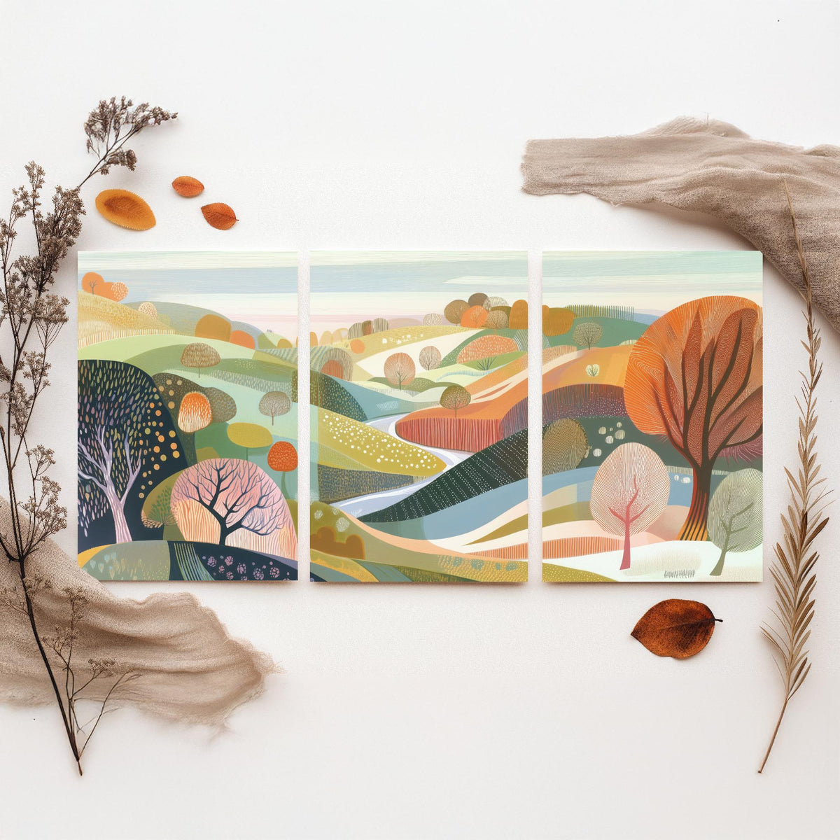 Graphic Landscape Set of Three Art Prints - 3 Pastel Hills Posters - Folk Art Countryside Painting Wall Art Gift Nature V3