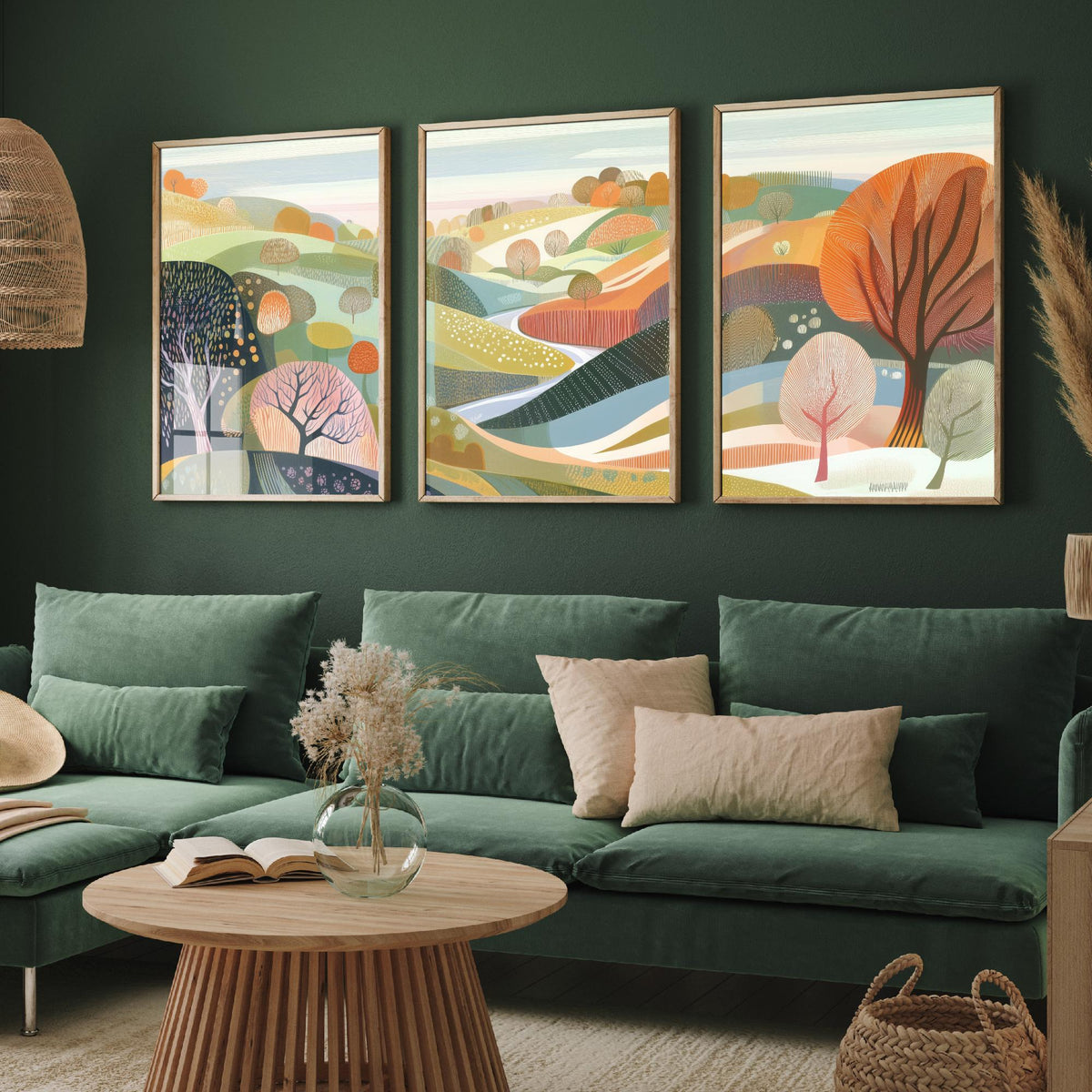 Graphic Landscape Set of Three Art Prints - 3 Pastel Hills Posters - Folk Art Countryside Painting Wall Art Gift Nature V3