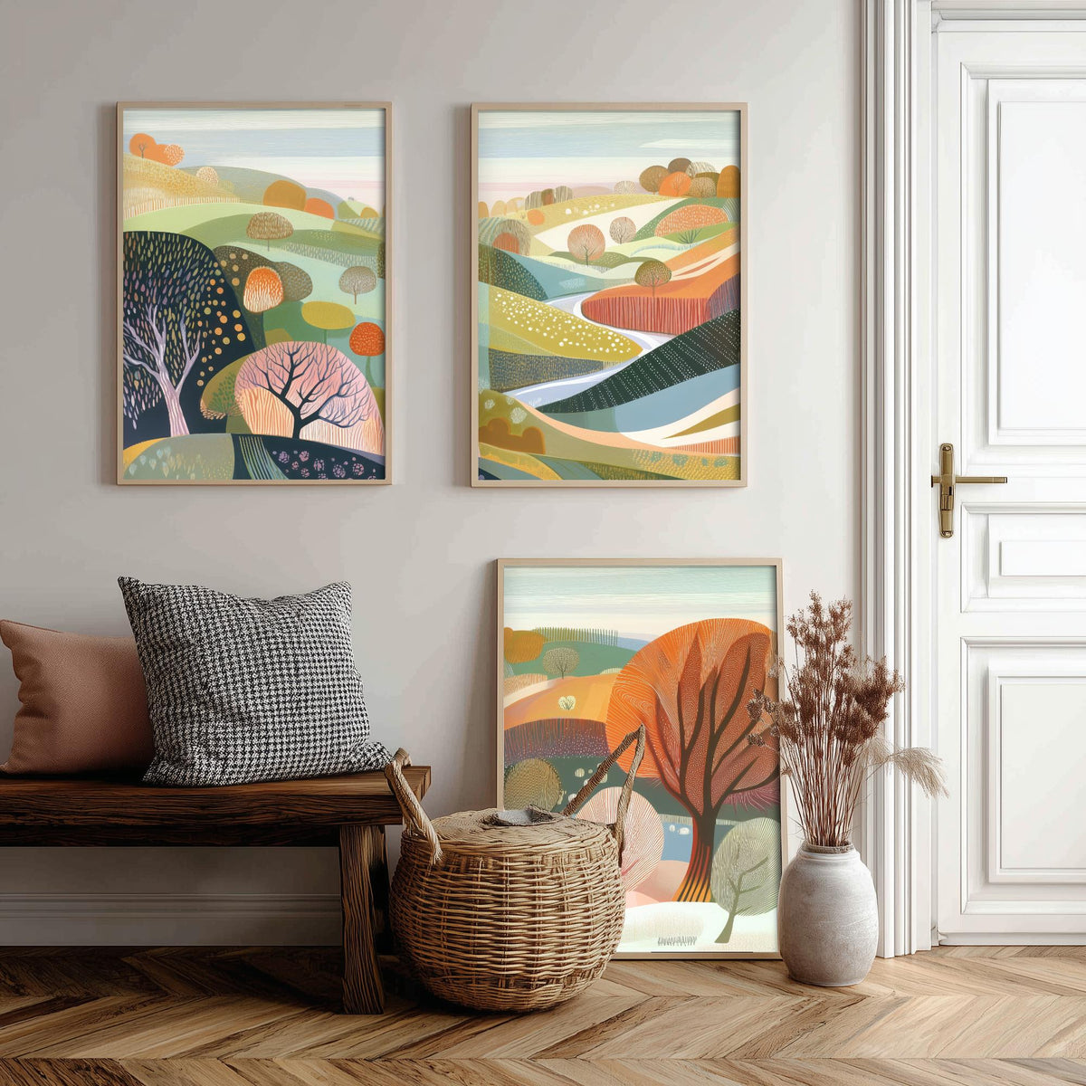 Graphic Landscape Set of Three Art Prints - 3 Pastel Hills Posters - Folk Art Countryside Painting Wall Art Gift Nature V3