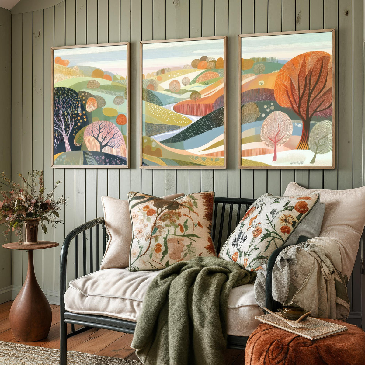Graphic Landscape Set of Three Art Prints - 3 Pastel Hills Posters - Folk Art Countryside Painting Wall Art Gift Nature V3