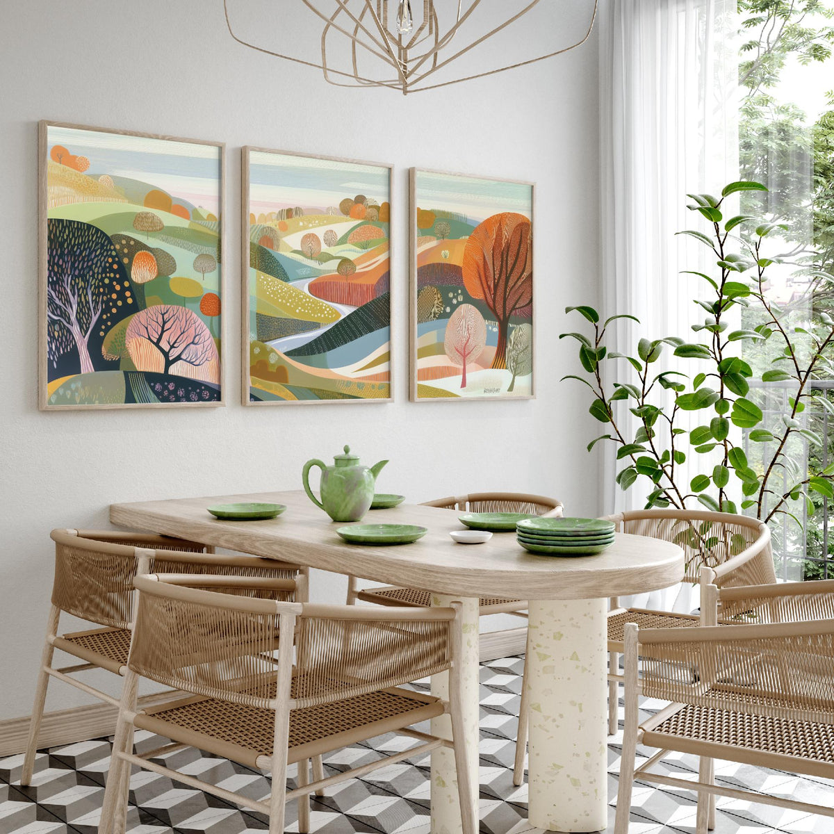 Graphic Landscape Set of Three Art Prints - 3 Pastel Hills Posters - Folk Art Countryside Painting Wall Art Gift Nature V3