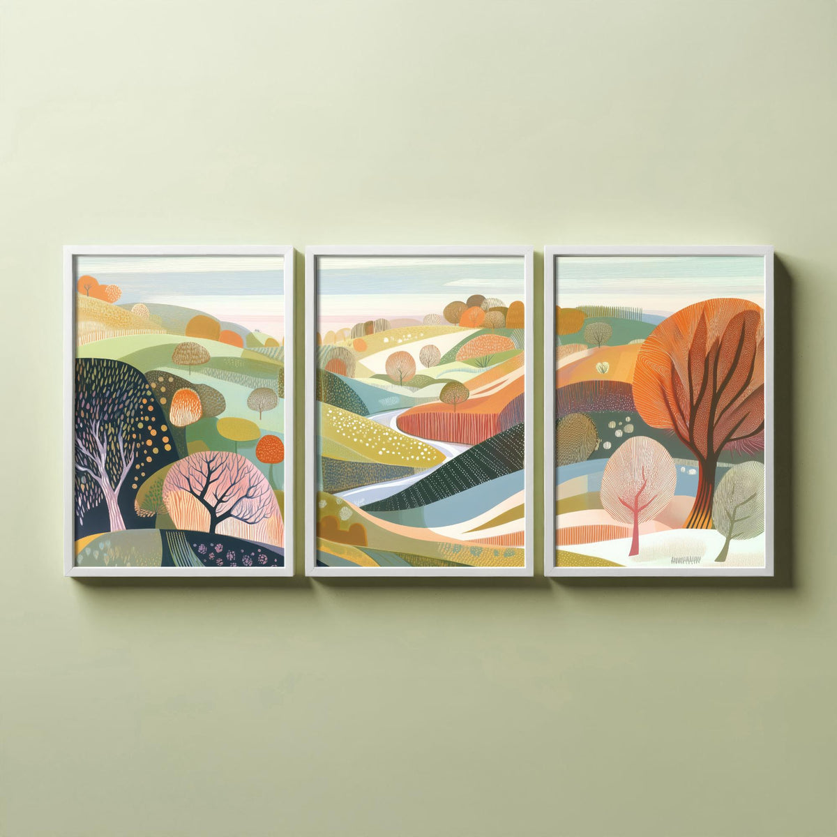 Graphic Landscape Set of Three Art Prints - 3 Pastel Hills Posters - Folk Art Countryside Painting Wall Art Gift Nature V3