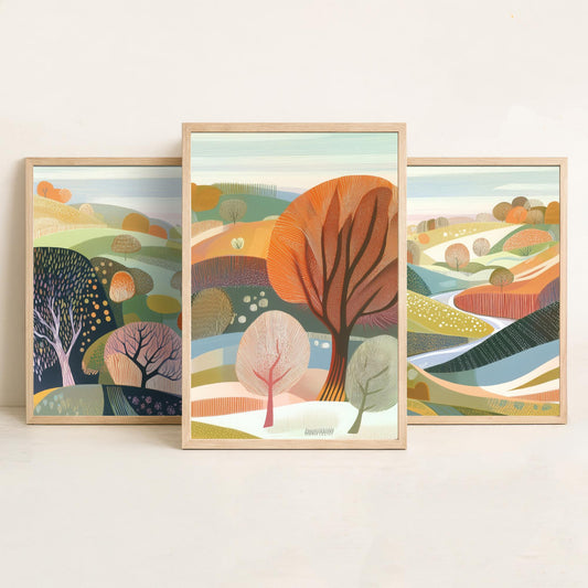 Graphic Landscape Set of Three Art Prints - 3 Pastel Hills Posters - Folk Art Countryside Painting Wall Art Gift Nature V3
