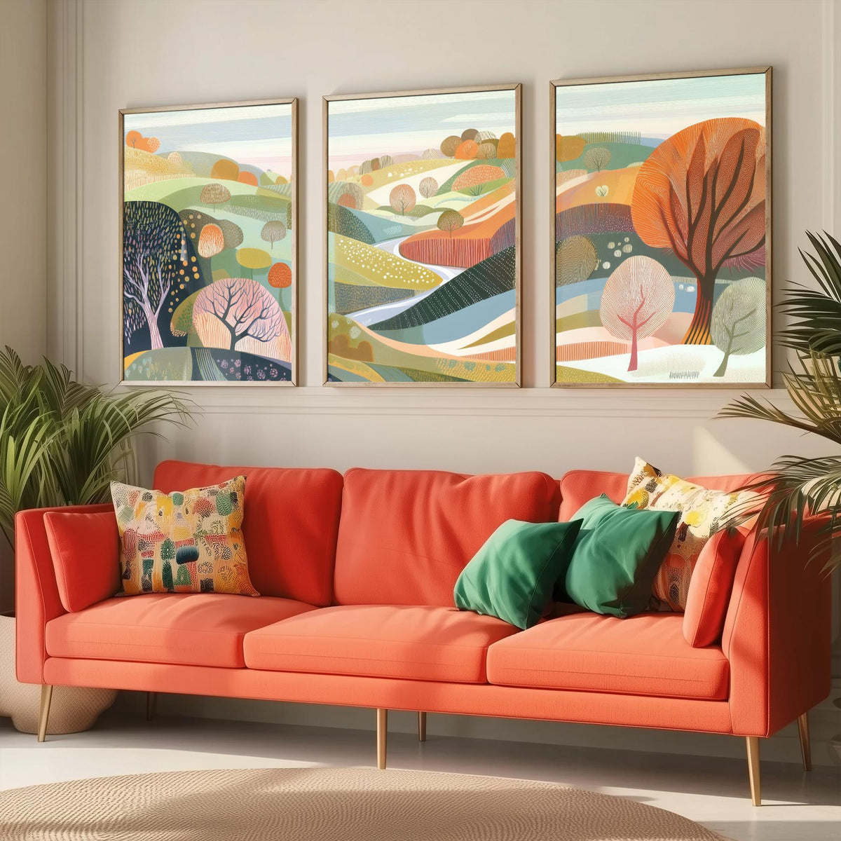 Graphic Landscape Set of Three Art Prints - 3 Pastel Hills Posters - Folk Art Countryside Painting Wall Art Gift Nature V3
