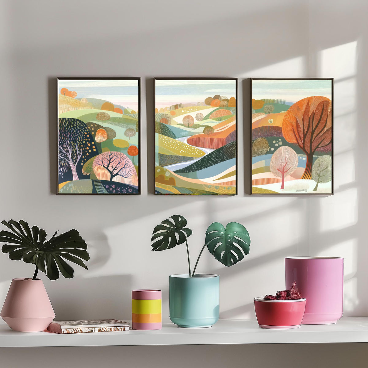 Graphic Landscape Set of Three Art Prints - 3 Pastel Hills Posters - Folk Art Countryside Painting Wall Art Gift Nature V3