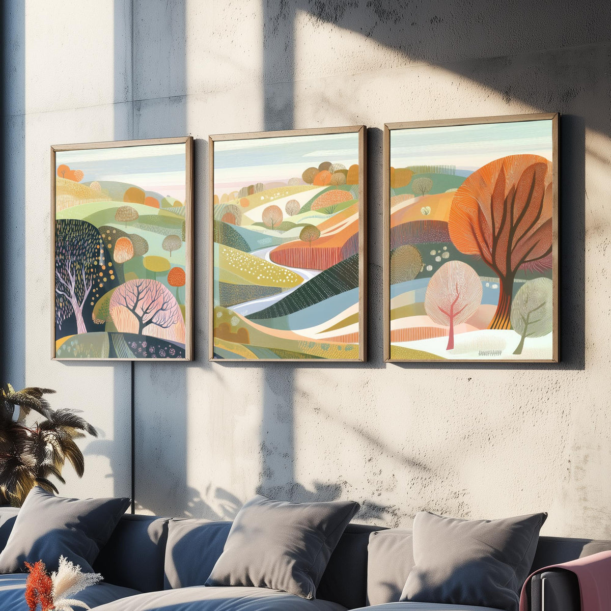 Graphic Landscape Set of Three Art Prints - 3 Pastel Hills Posters - Folk Art Countryside Painting Wall Art Gift Nature V3