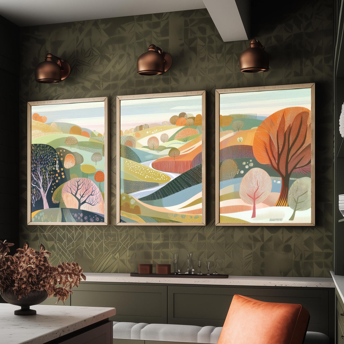 Graphic Landscape Set of Three Art Prints - 3 Pastel Hills Posters - Folk Art Countryside Painting Wall Art Gift Nature V3