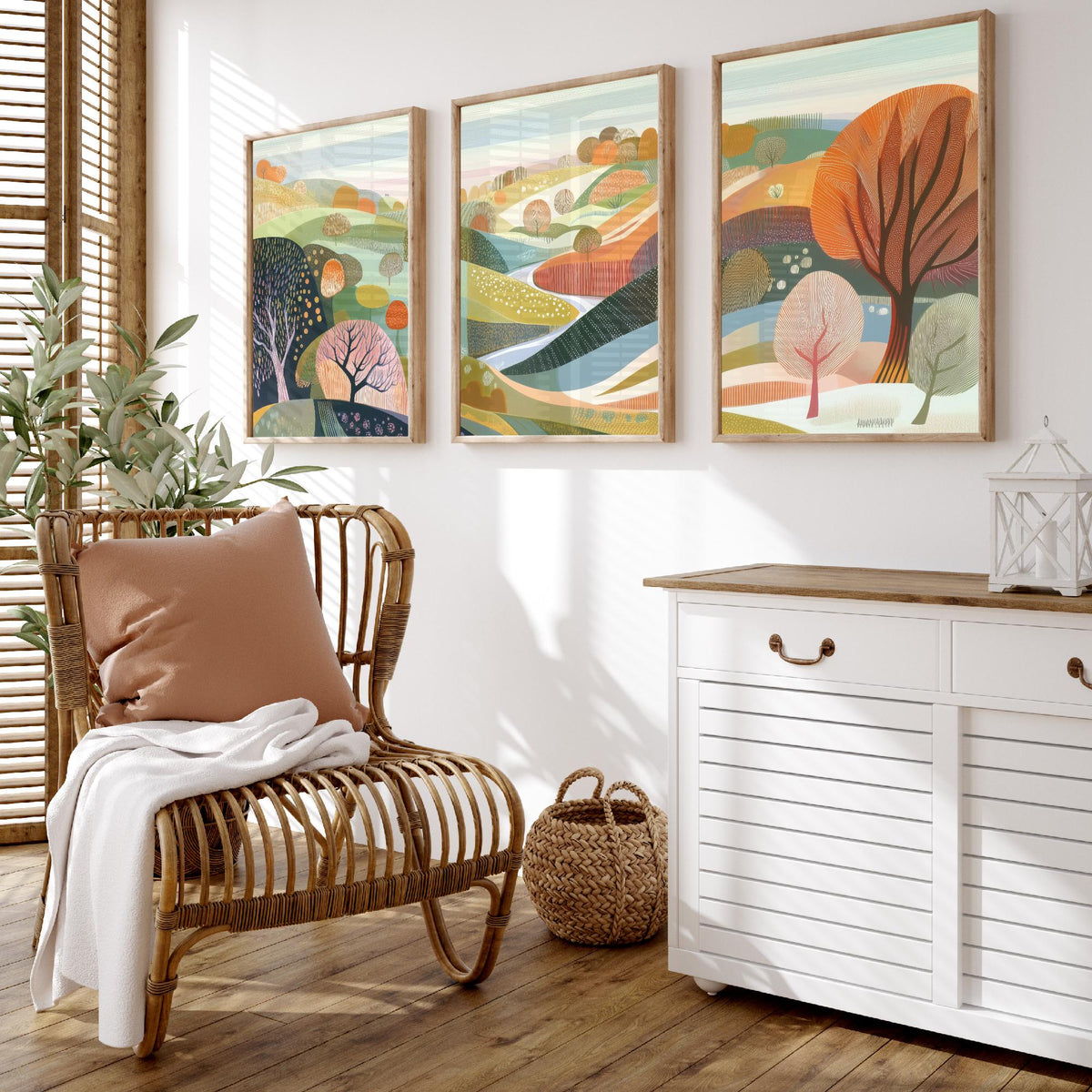 Graphic Landscape Set of Three Art Prints - 3 Pastel Hills Posters - Folk Art Countryside Painting Wall Art Gift Nature V3