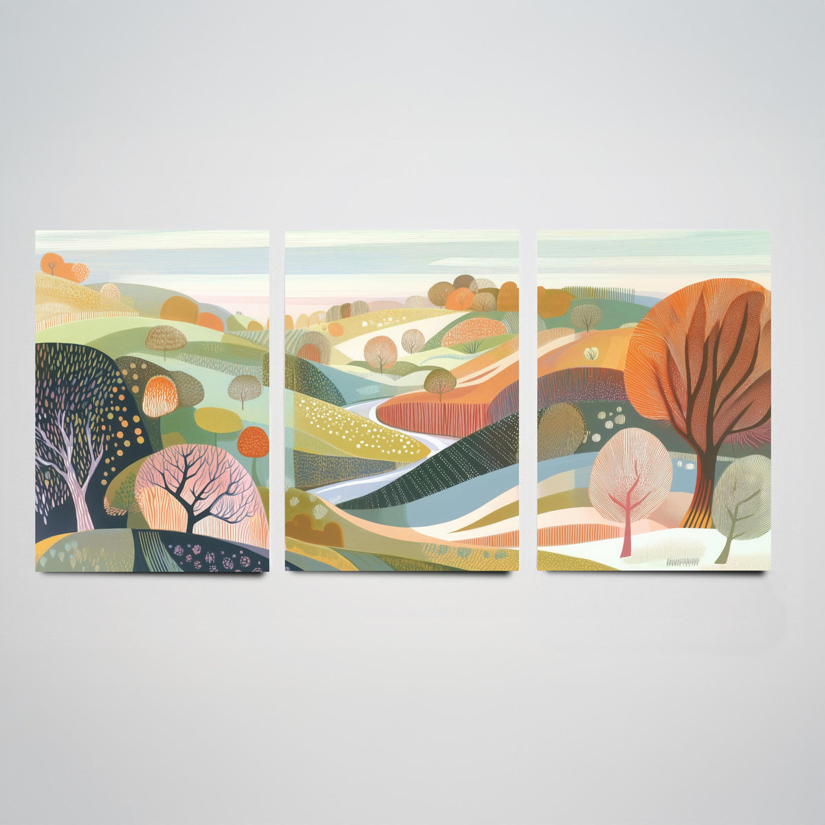 Graphic Landscape Set of Three Art Prints - 3 Pastel Hills Posters - Folk Art Countryside Painting Wall Art Gift Nature V3