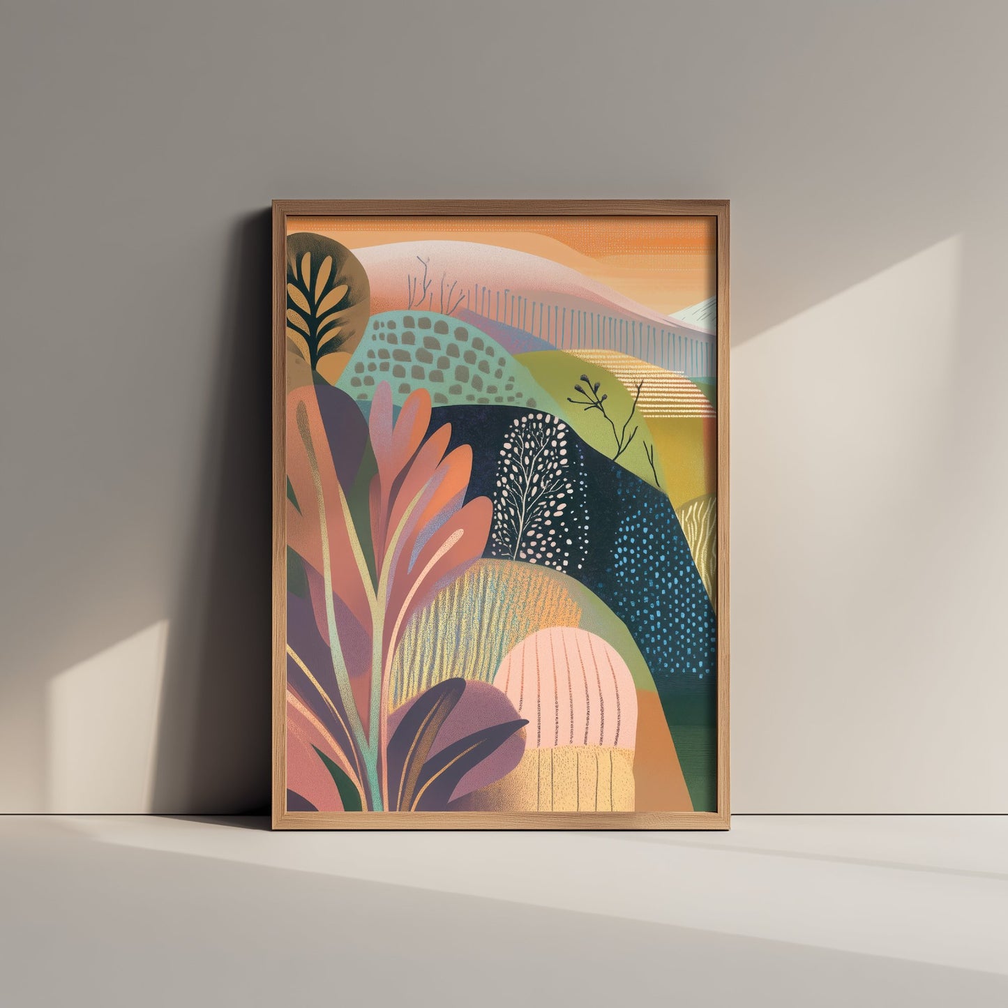 Graphic Landscape Art Print - Orange Sunset Valley Poster - Folk Countryside Illustration - Mountain River V4 1/3