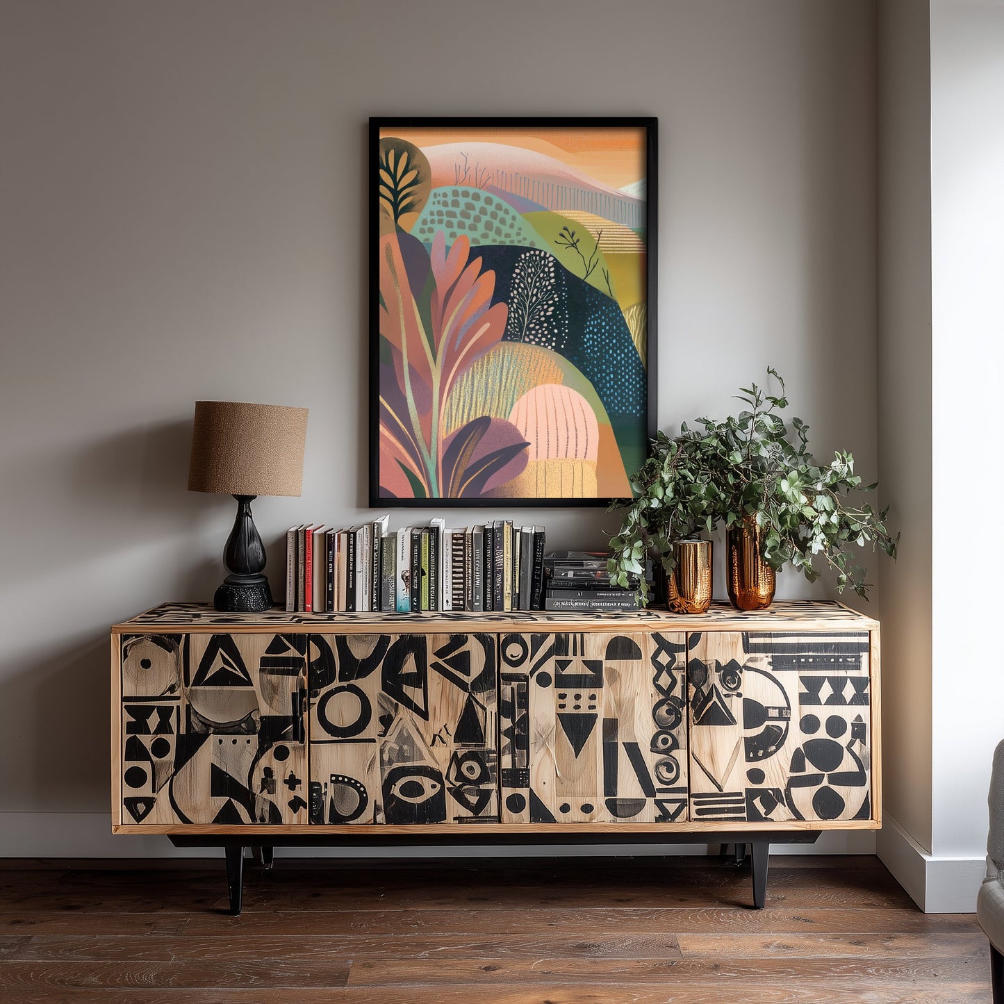 Graphic Landscape Art Print - Orange Sunset Valley Poster - Folk Countryside Illustration - Mountain River V4 1/3