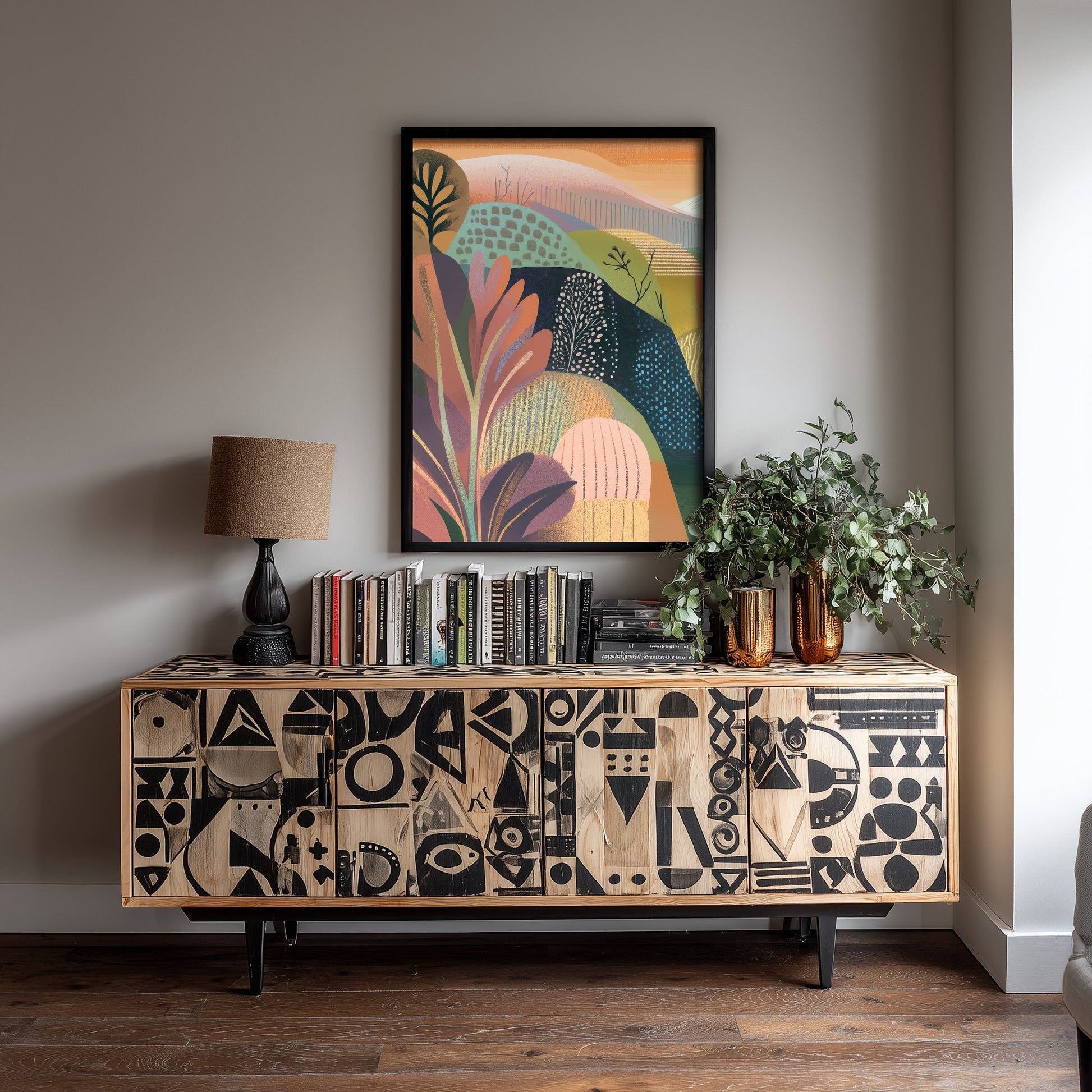 Graphic Landscape Art Print - Orange Sunset Valley Poster - Folk Countryside Illustration - Mountain River V4 1/3