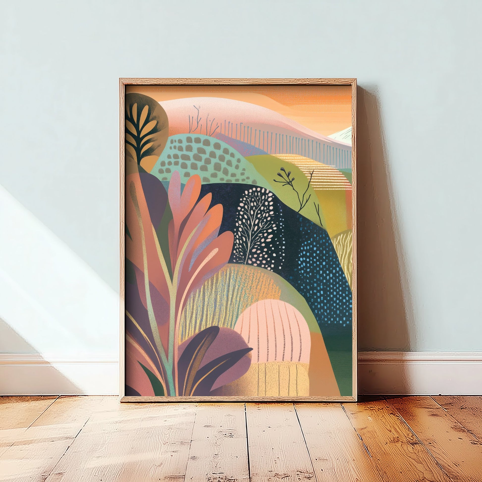 Graphic Landscape Art Print - Orange Sunset Valley Poster - Folk Countryside Illustration - Mountain River V4 1/3