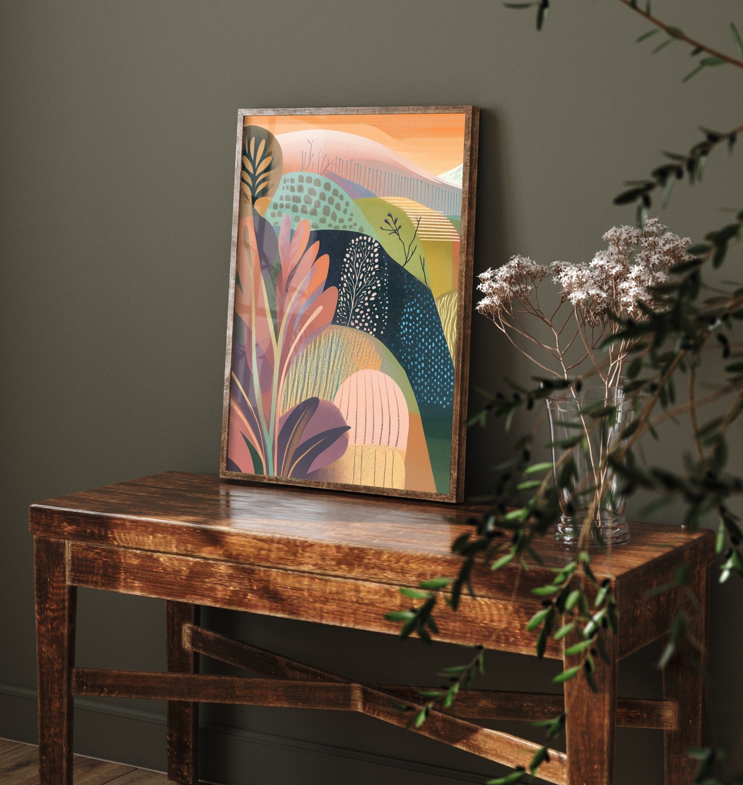 Graphic Landscape Art Print - Orange Sunset Valley Poster - Folk Countryside Illustration - Mountain River V4 1/3