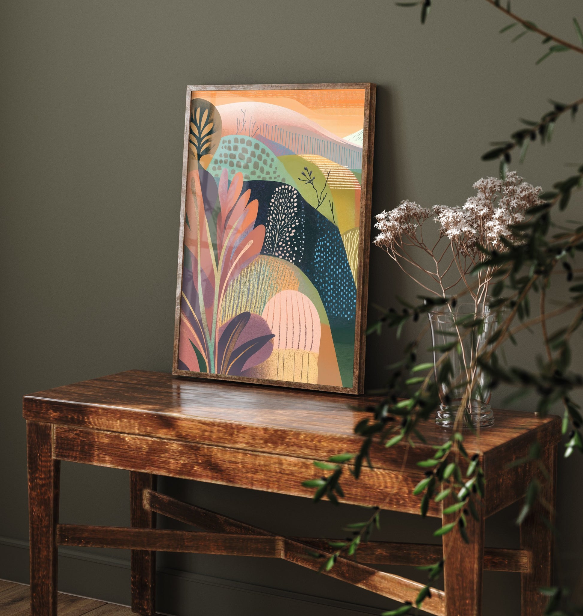 Graphic Landscape Art Print - Orange Sunset Valley Poster - Folk Countryside Illustration - Mountain River V4 1/3