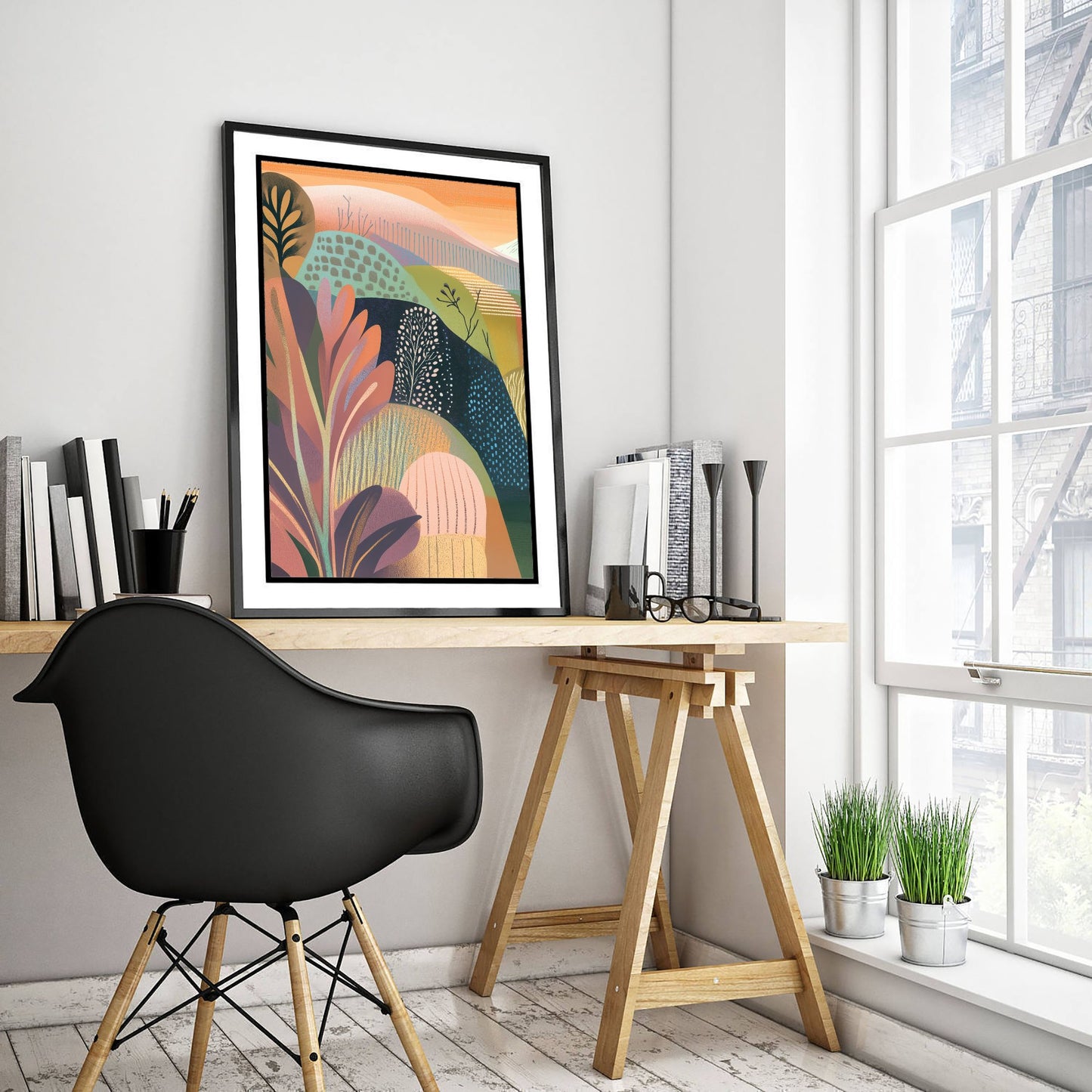 Graphic Landscape Art Print - Orange Sunset Valley Poster - Folk Countryside Illustration - Mountain River V4 1/3