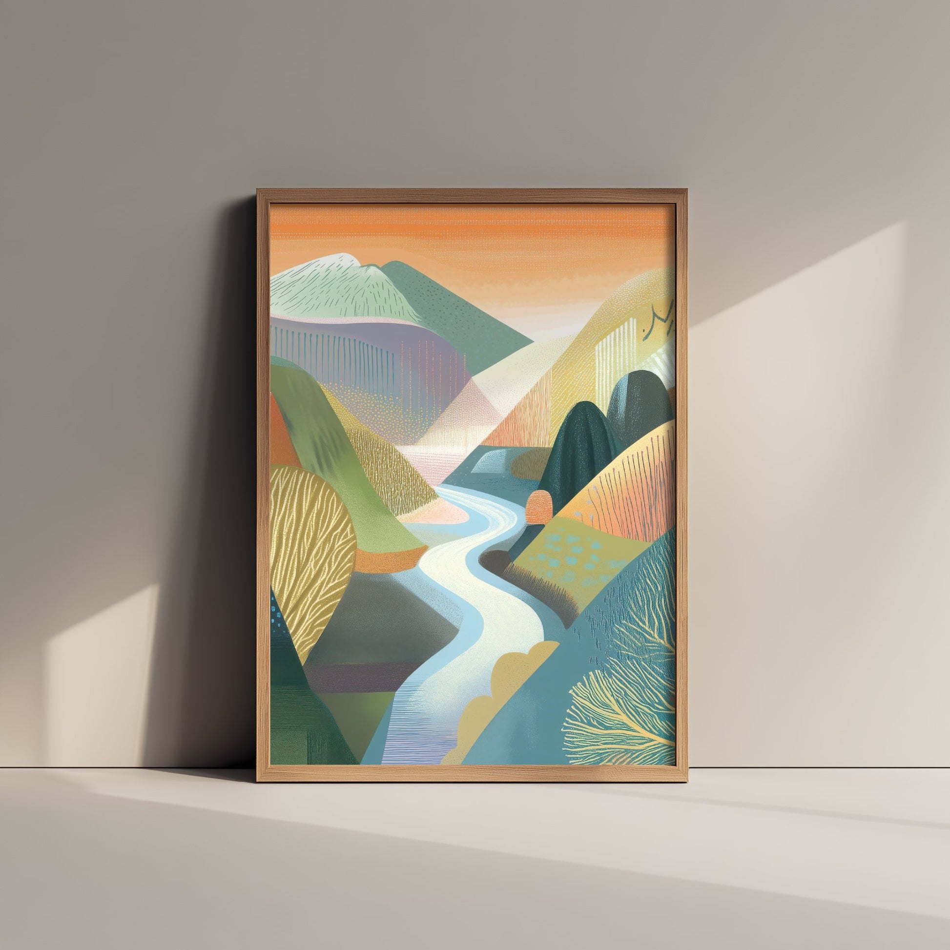 Graphic Landscape Art Print - Orange Sunset Valley Poster - Folk Countryside Illustration - Winding River V4 2/3