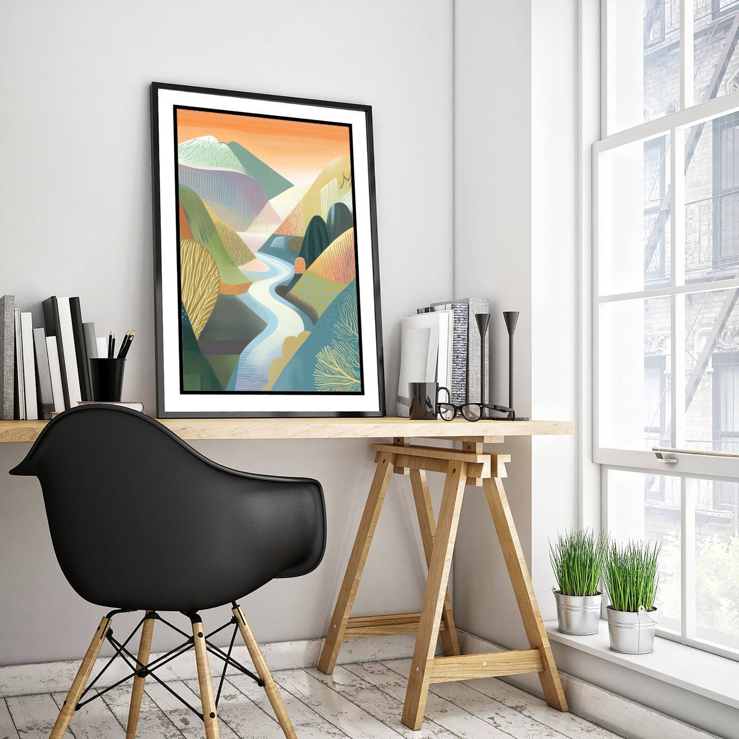 Graphic Landscape Art Print - Orange Sunset Valley Poster - Folk Countryside Illustration - Winding River V4 2/3