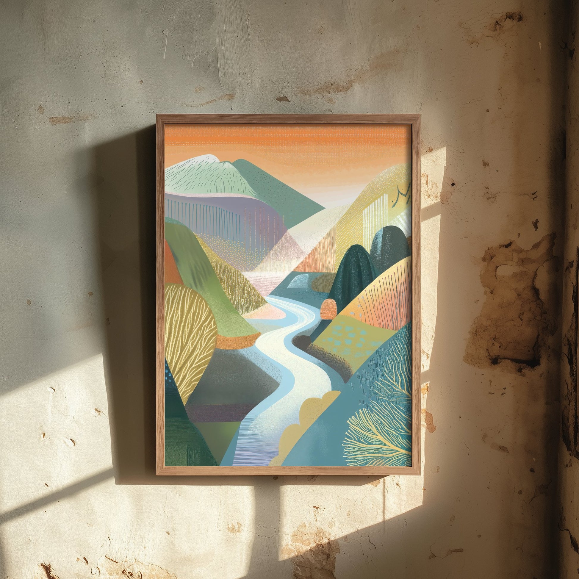 Graphic Landscape Art Print - Orange Sunset Valley Poster - Folk Countryside Illustration - Winding River V4 2/3