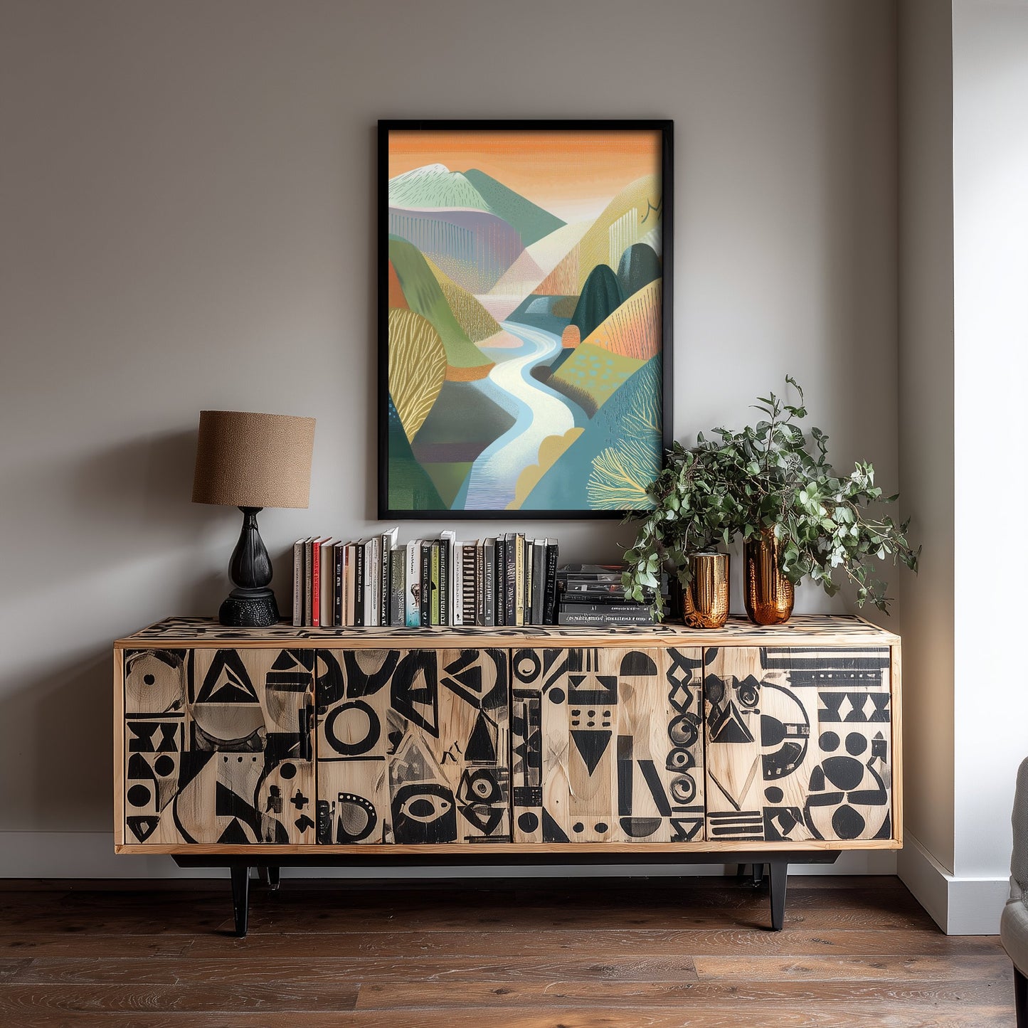 Graphic Landscape Art Print - Orange Sunset Valley Poster - Folk Countryside Illustration - Winding River V4 2/3