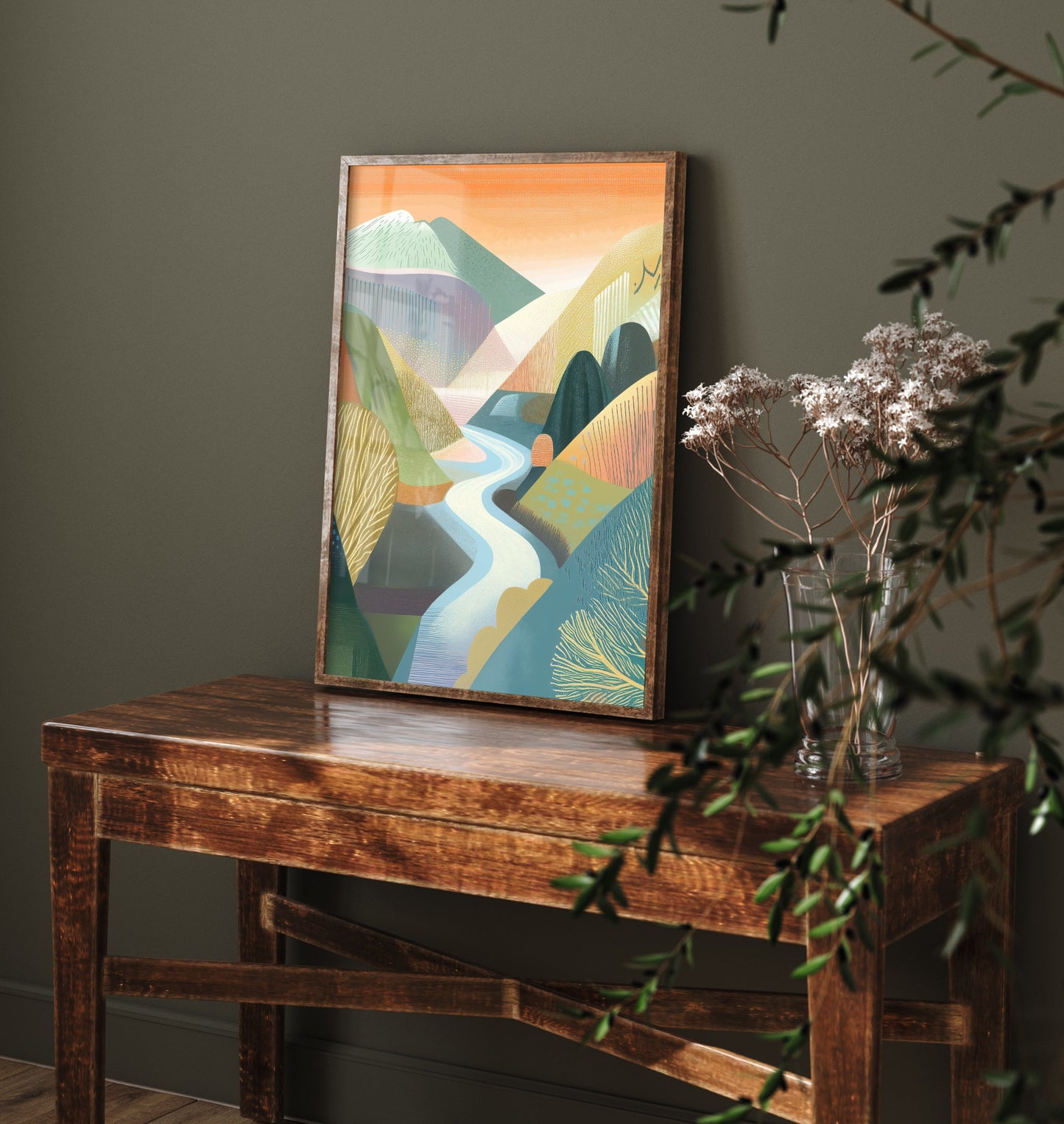 Graphic Landscape Art Print - Orange Sunset Valley Poster - Folk Countryside Illustration - Winding River V4 2/3