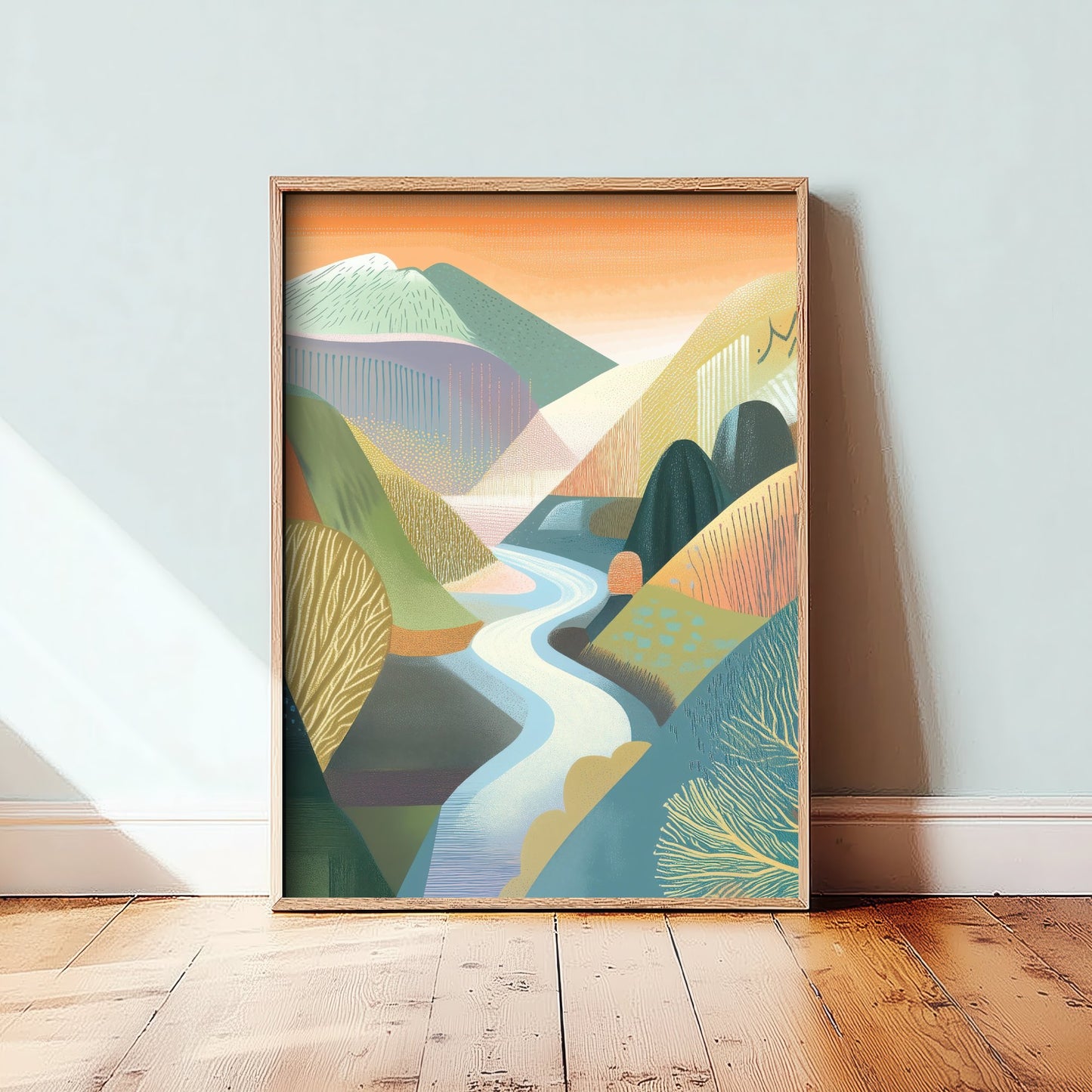 Graphic Landscape Art Print - Orange Sunset Valley Poster - Folk Countryside Illustration - Winding River V4 2/3