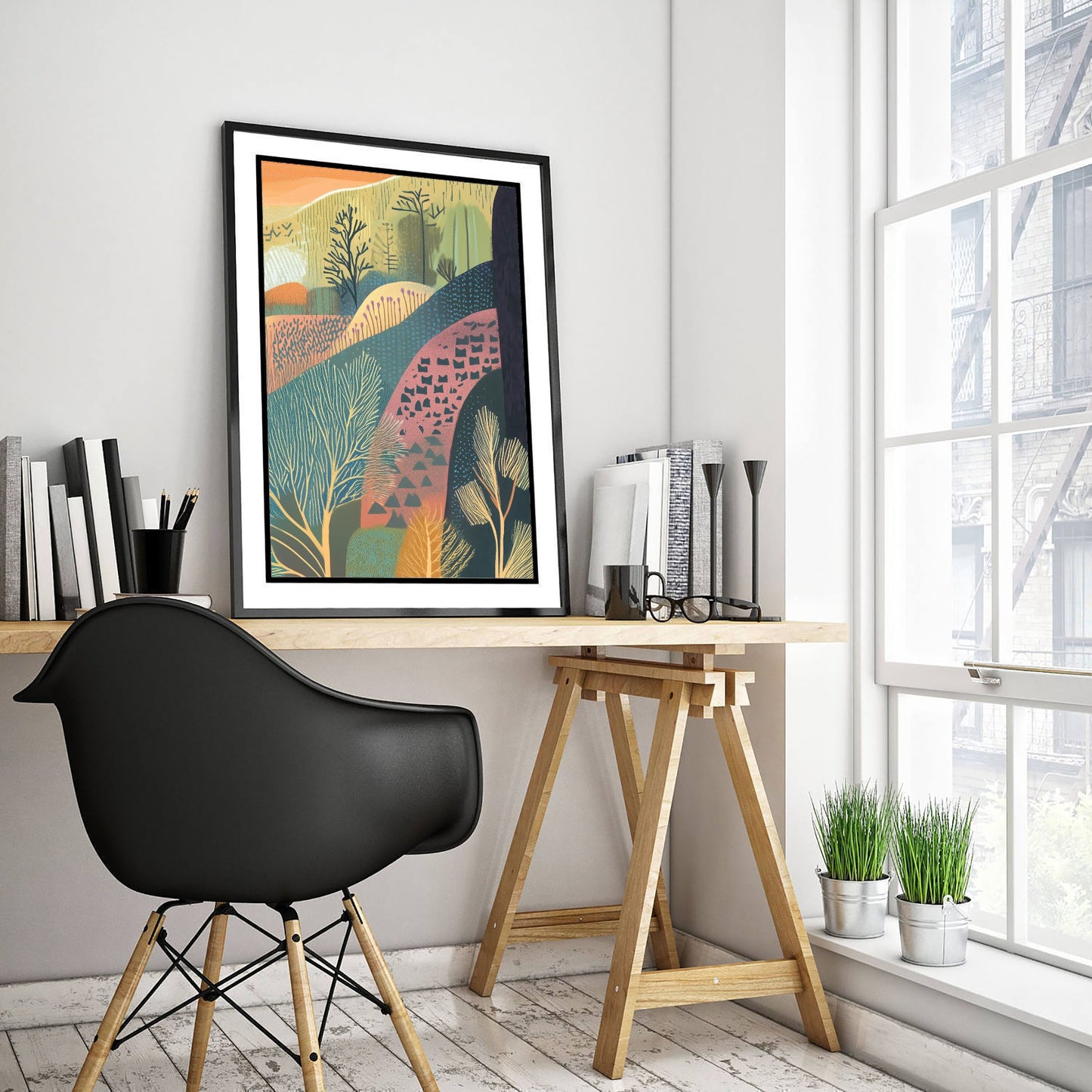 Graphic Landscape Art Print - Orange Sunset Valley Poster - Folk Countryside Illustration - Patterned Hills V4 3/3
